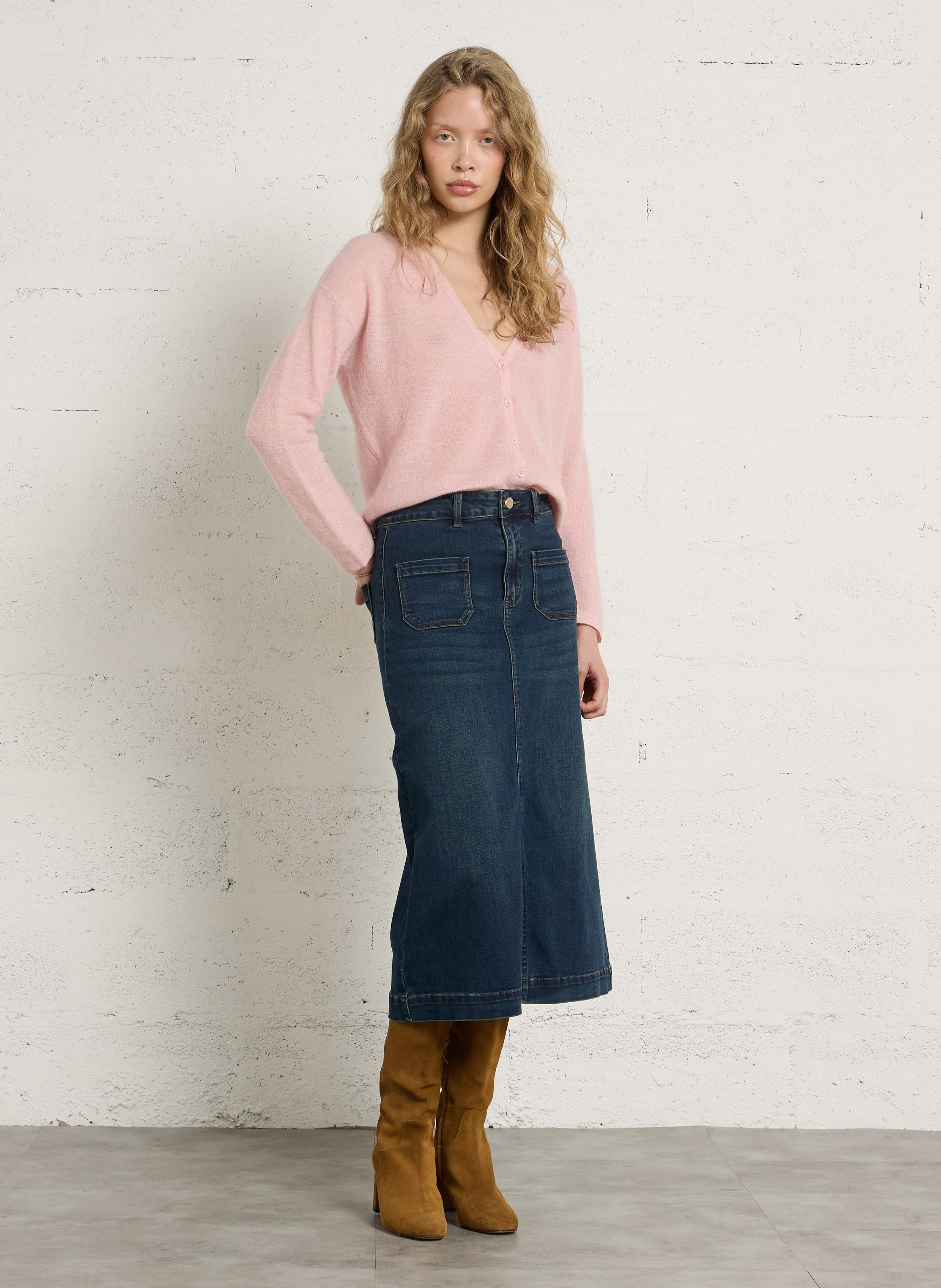 Jupe midi droite en denim de coton mélangé ophe MAISON 123 Bleu