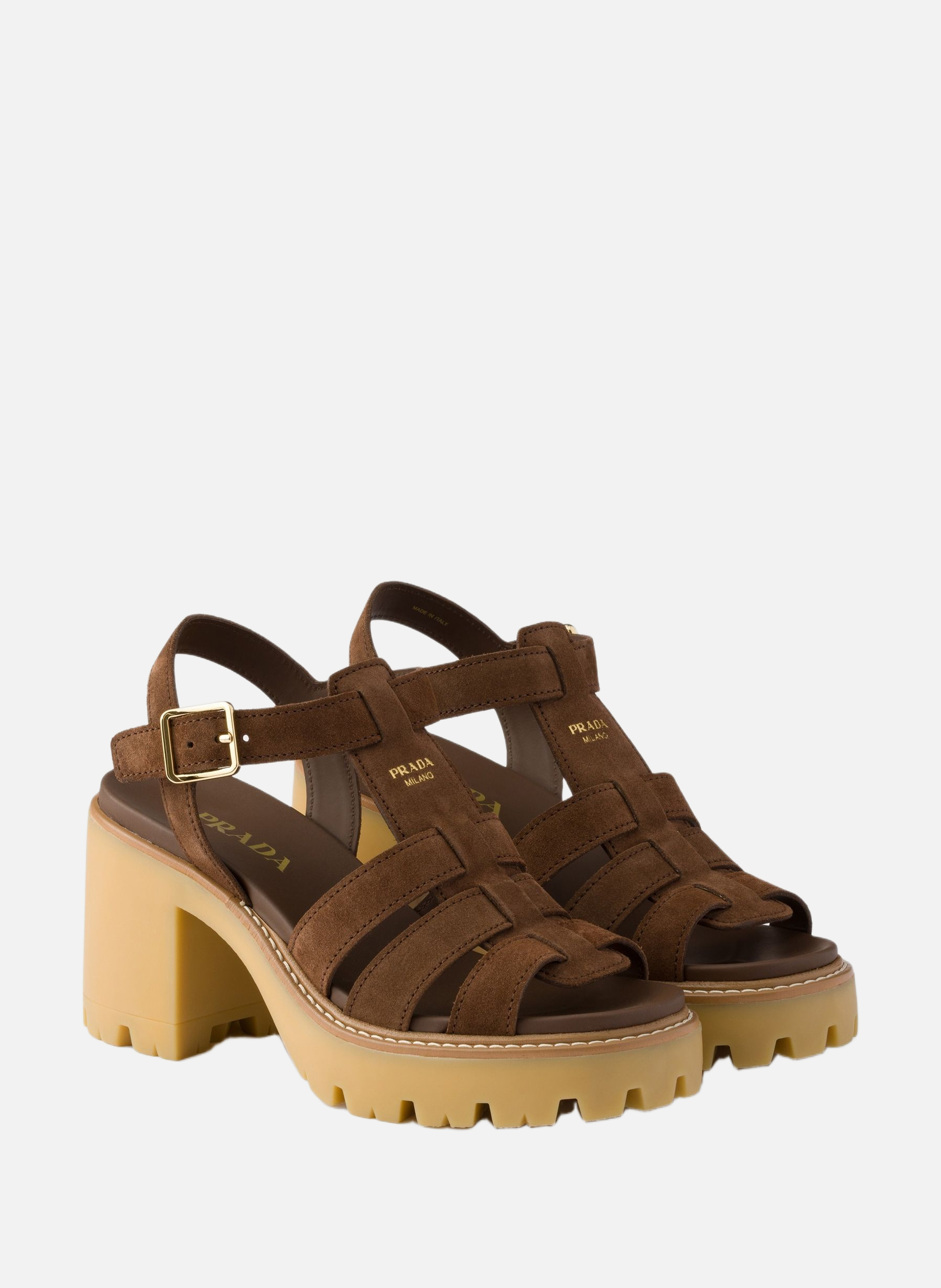 Sandales à plateforme et talon haut en veau velour PRADA Marron