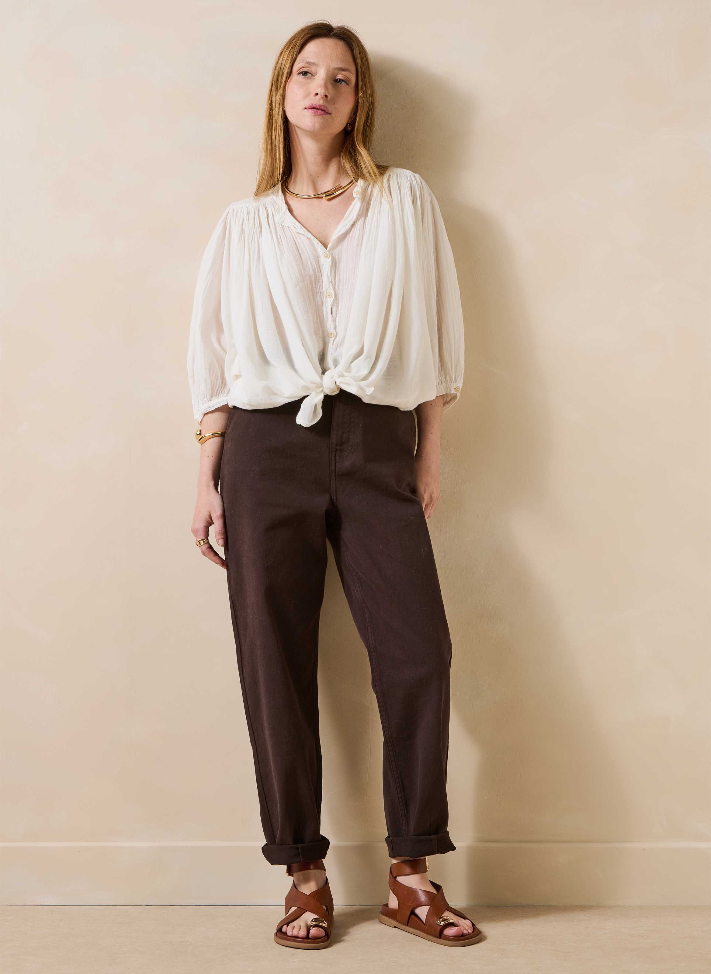 Mom-jeans met hoge taille van een biologisch katoenmix LA FEE MARABOUTEE Bruin