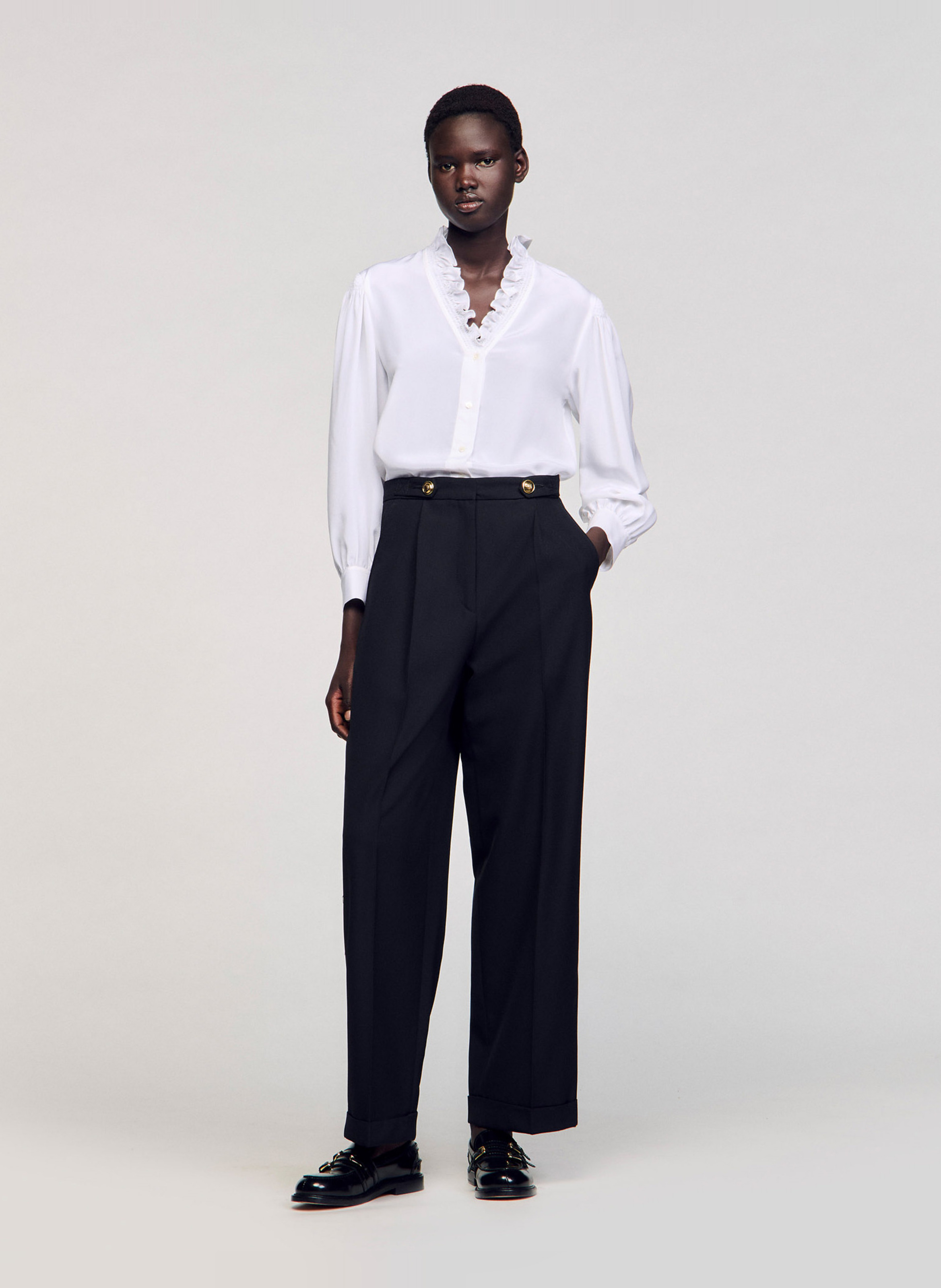 Chemise droite col v en soie Blanc