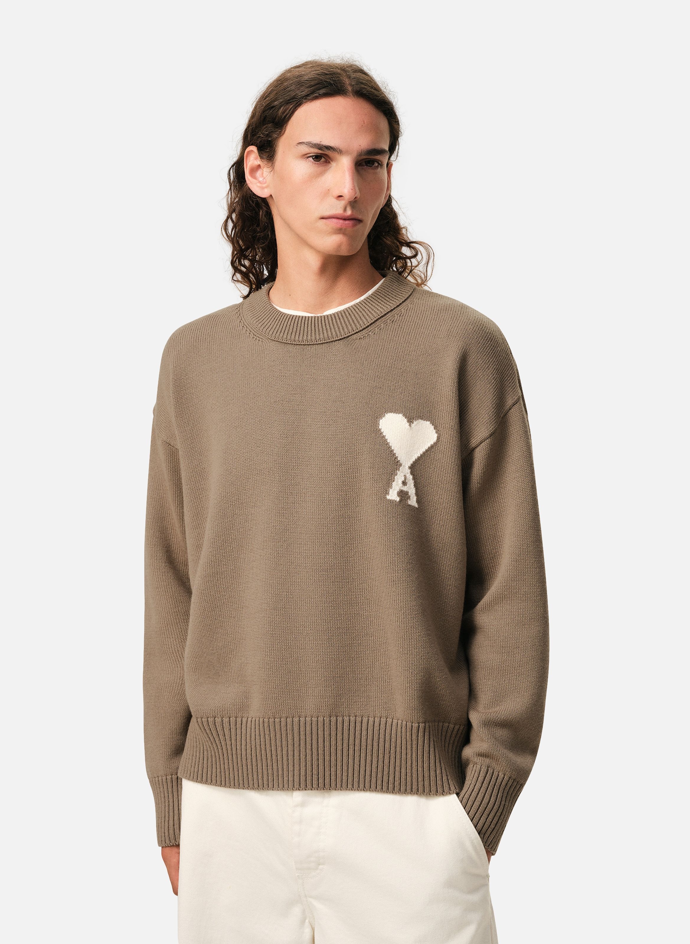 Pull col rond ami de coeur unisexe en laine et coton AMI PARIS Beige