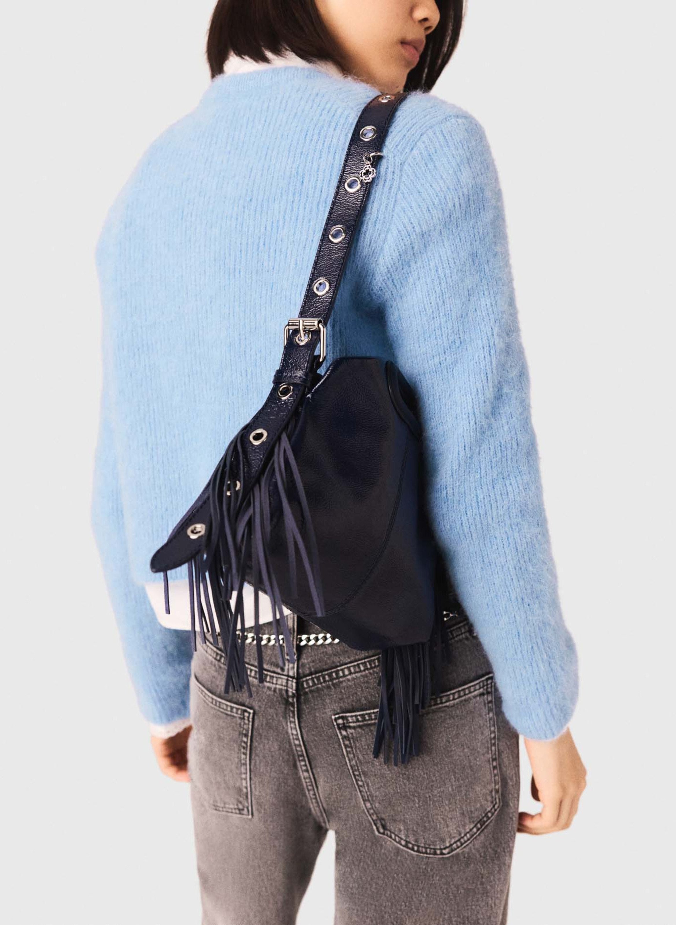 Sac bandoulière à franges en cuir miss m mini MAJE Bleu
