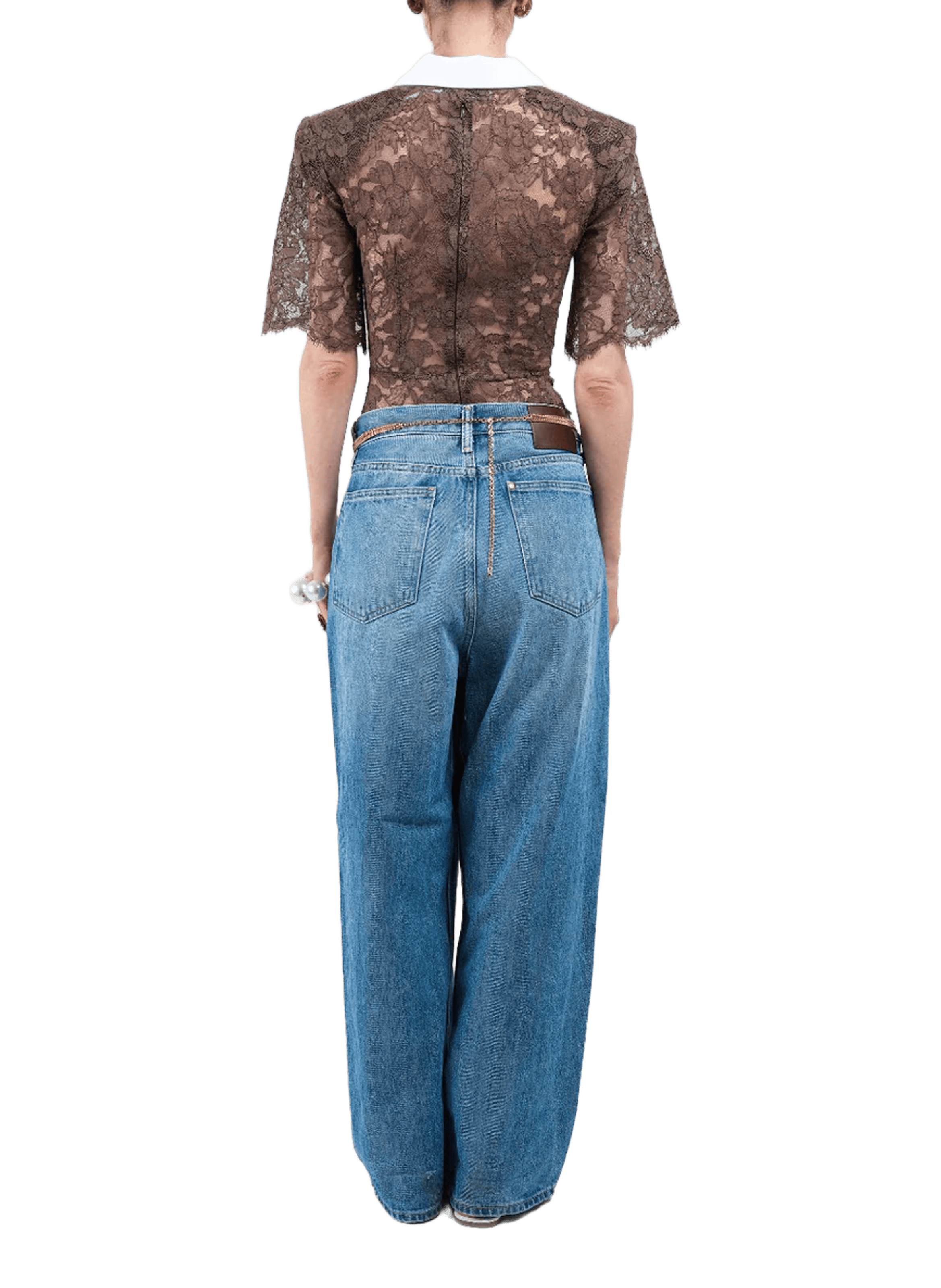 Short-sleeved top with shirt collar in blended cotton ROWEN ROSE Brown