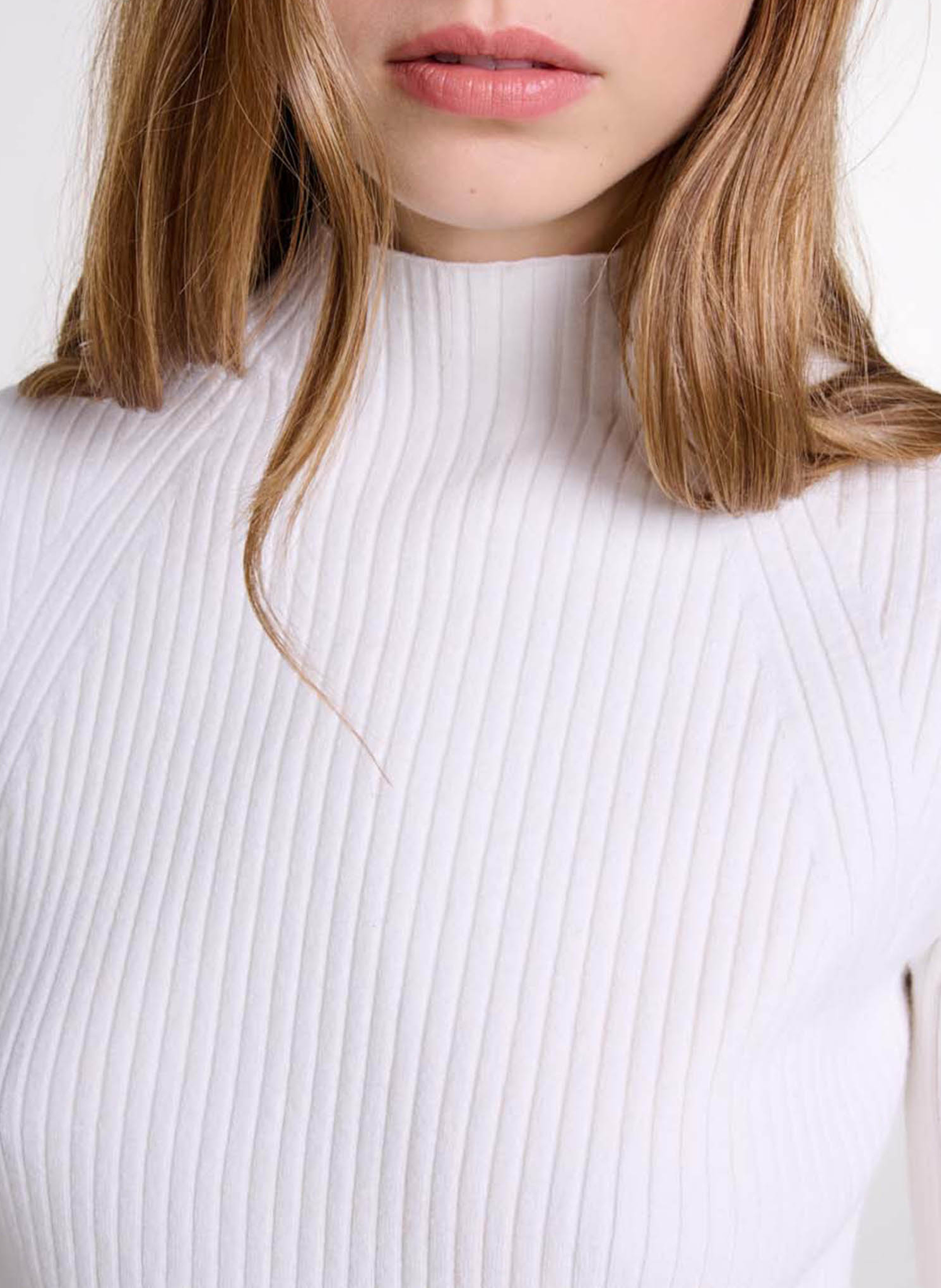 Top col rond en coton mélangé Beige