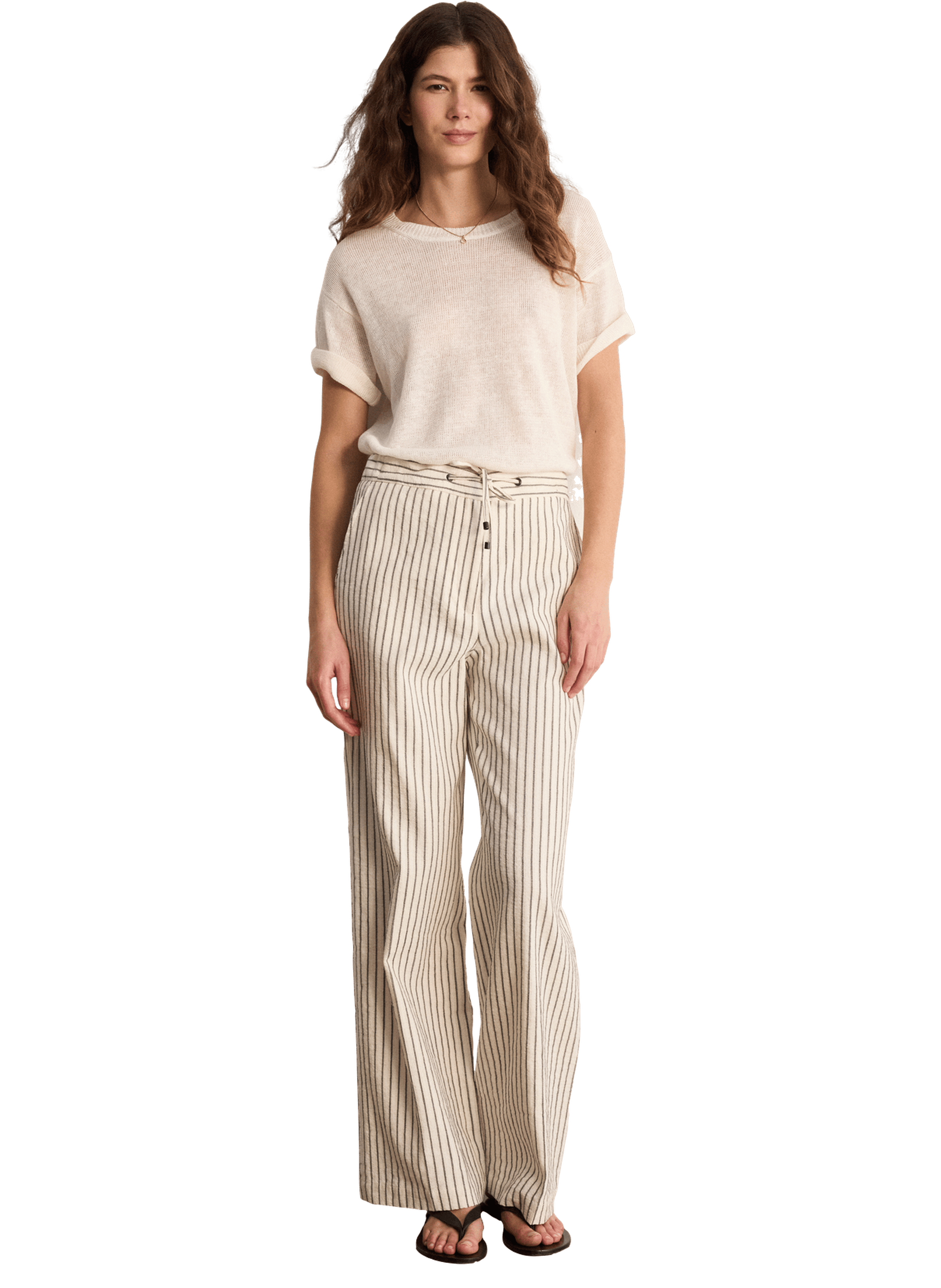 Pantalon large rayé en coton, chanvre et lin - beky PABLO Beige