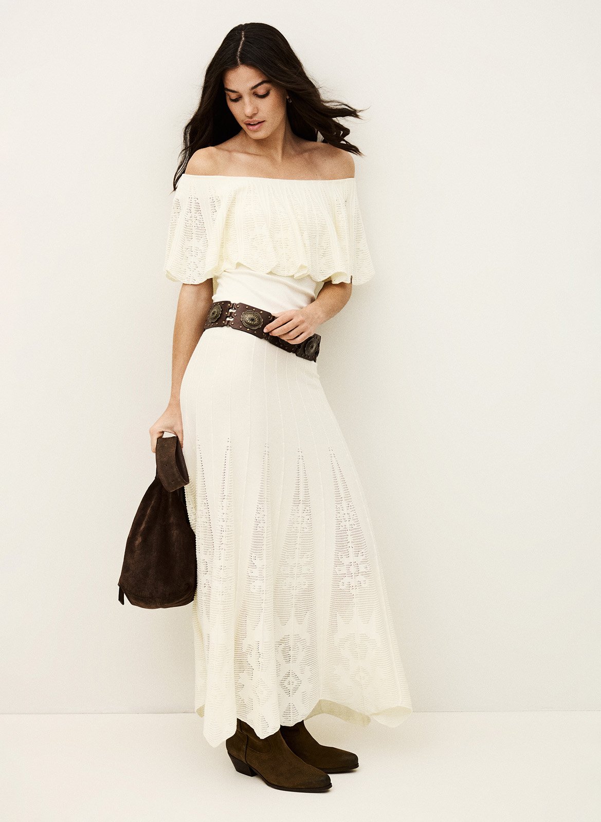 Jupe longue évasée à détails ajourés serta BA&SH Beige