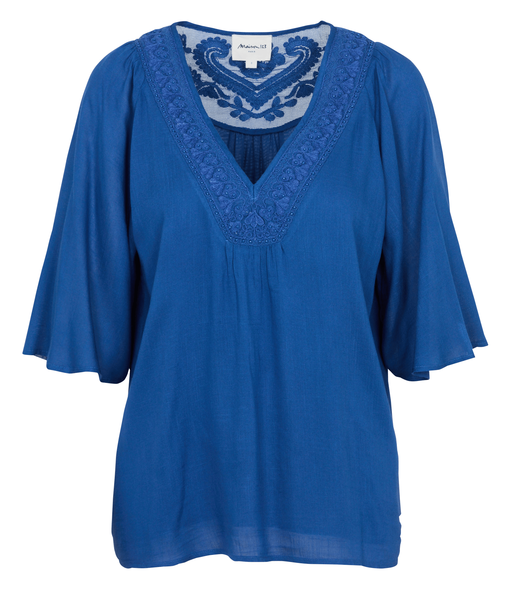 Tee-shirt col v fluide à broderies deborah Bleu