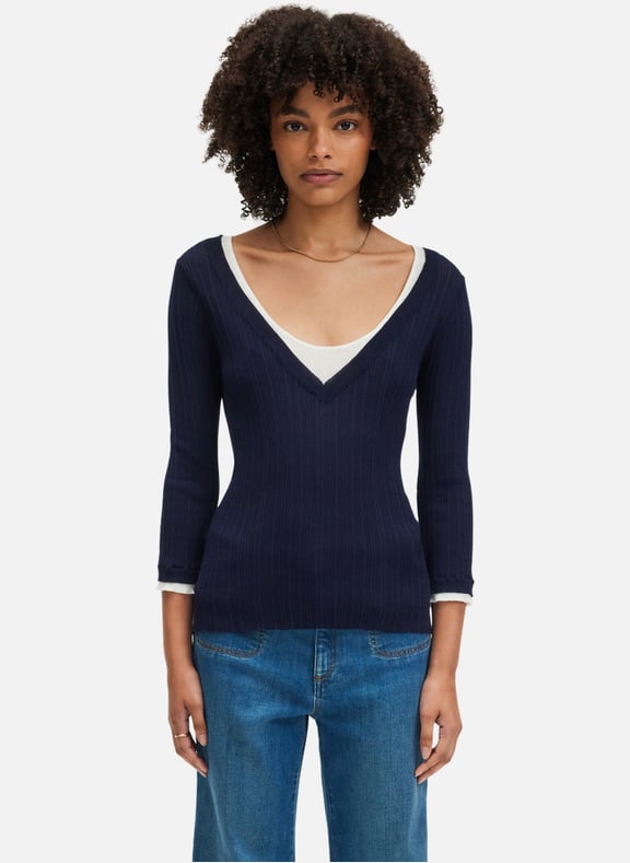 Pull v en maille bicolore - janette Bleu by PABLO PABLO Pull v en maille bicolore - janette Bleu
