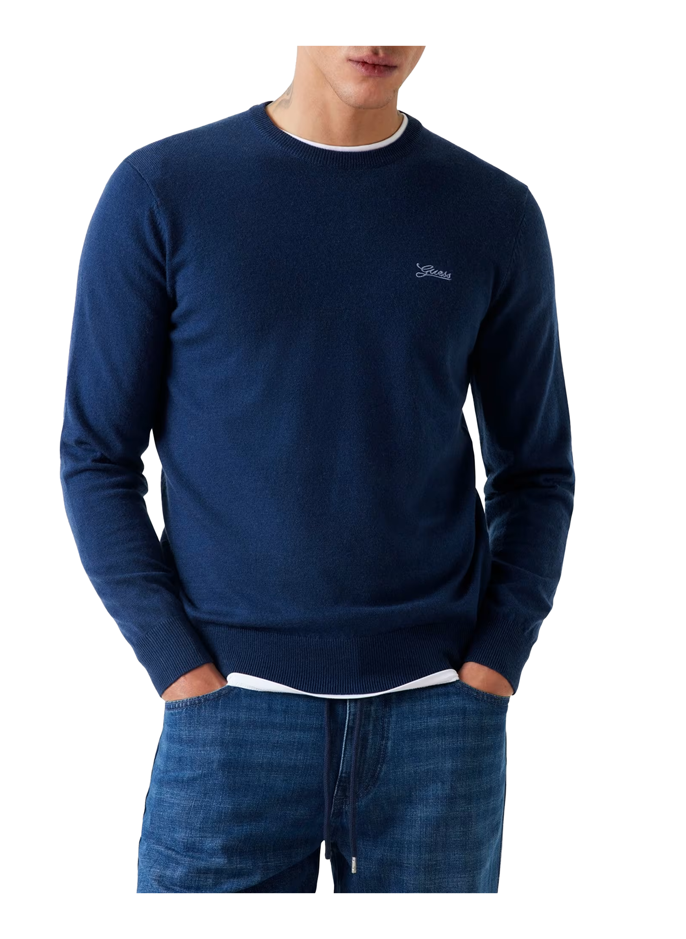 GUESS Pull droit à col rond et logo Bleu