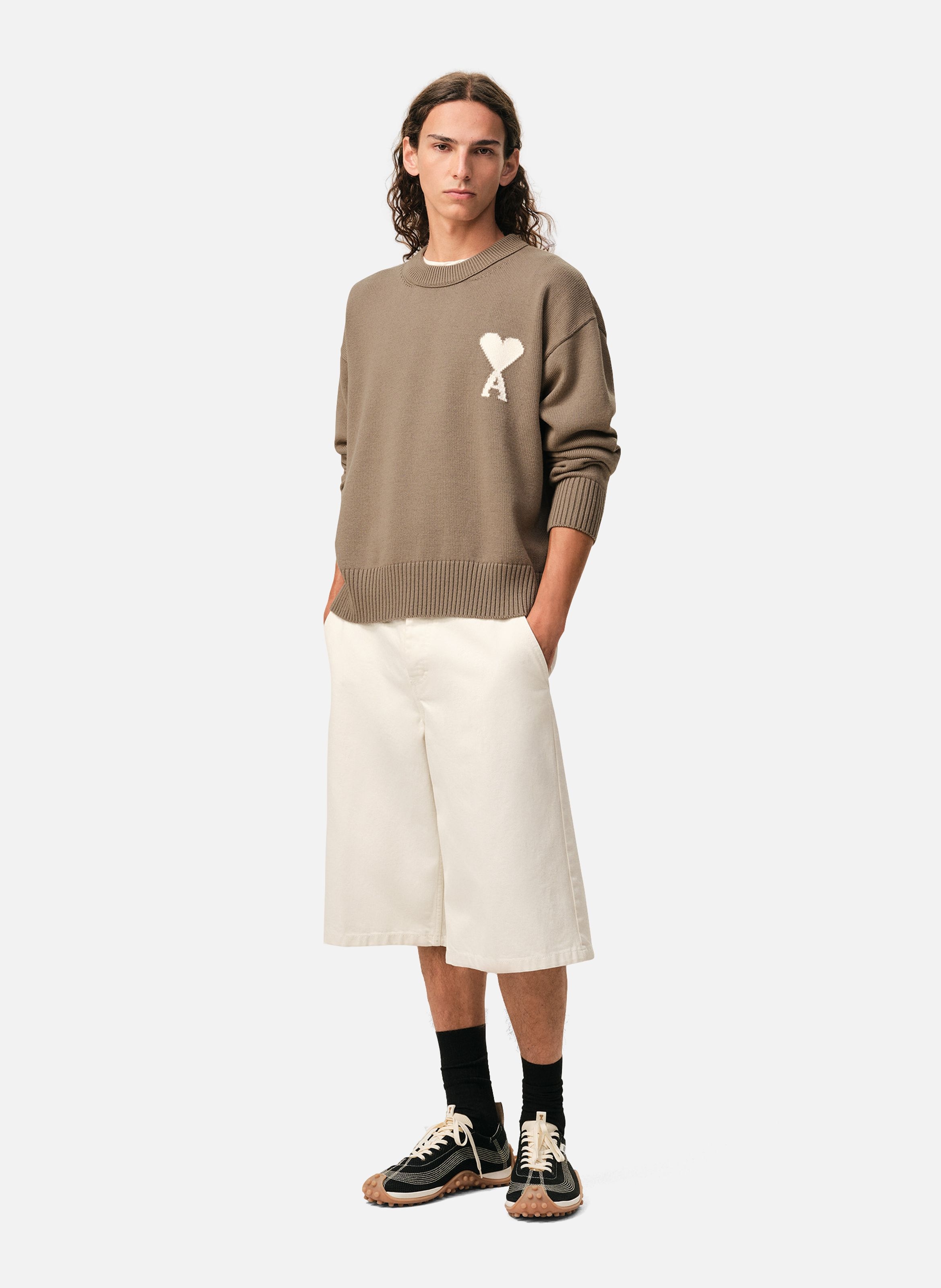 Pull col rond ami de coeur unisexe en laine et coton AMI PARIS Beige