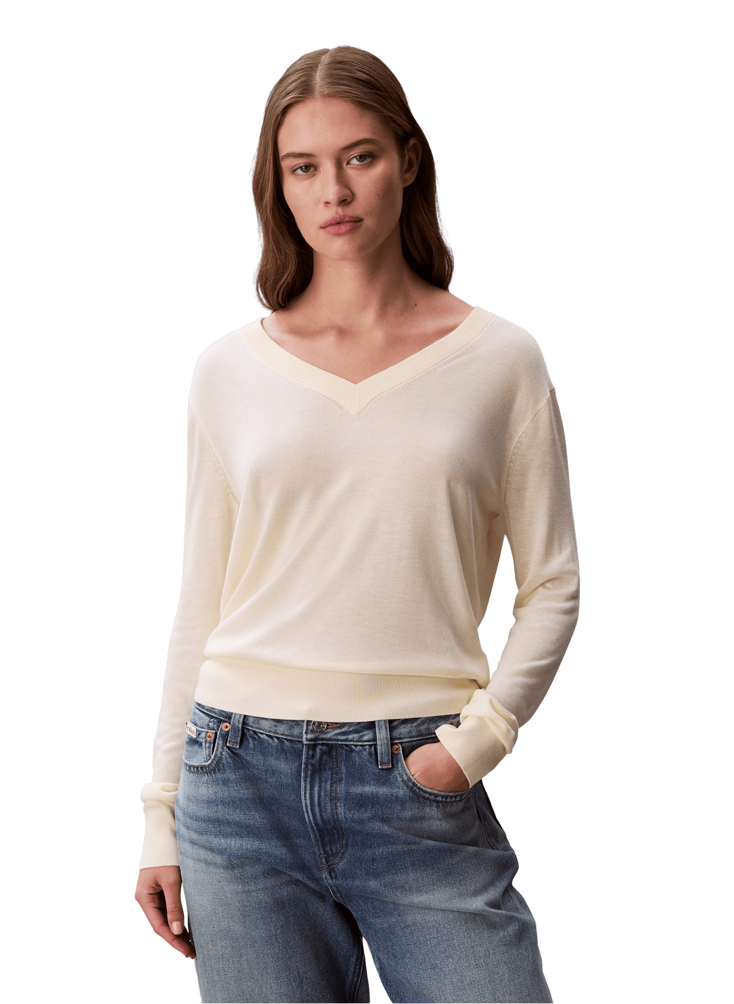 Pull uni col V CALVIN KLEIN Jaune