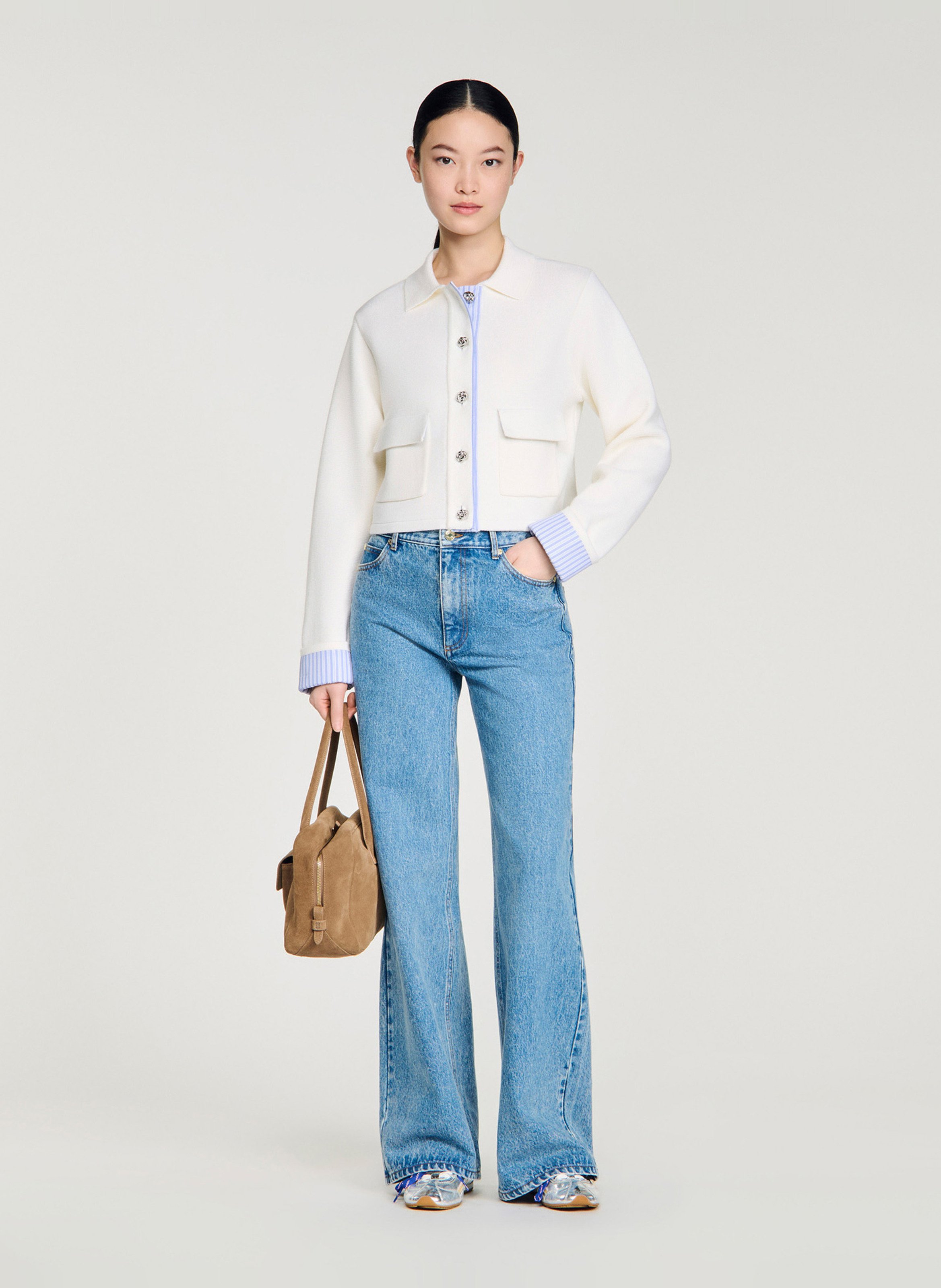 Cardigan court à détail rayé en laine mélangée SANDRO Beige