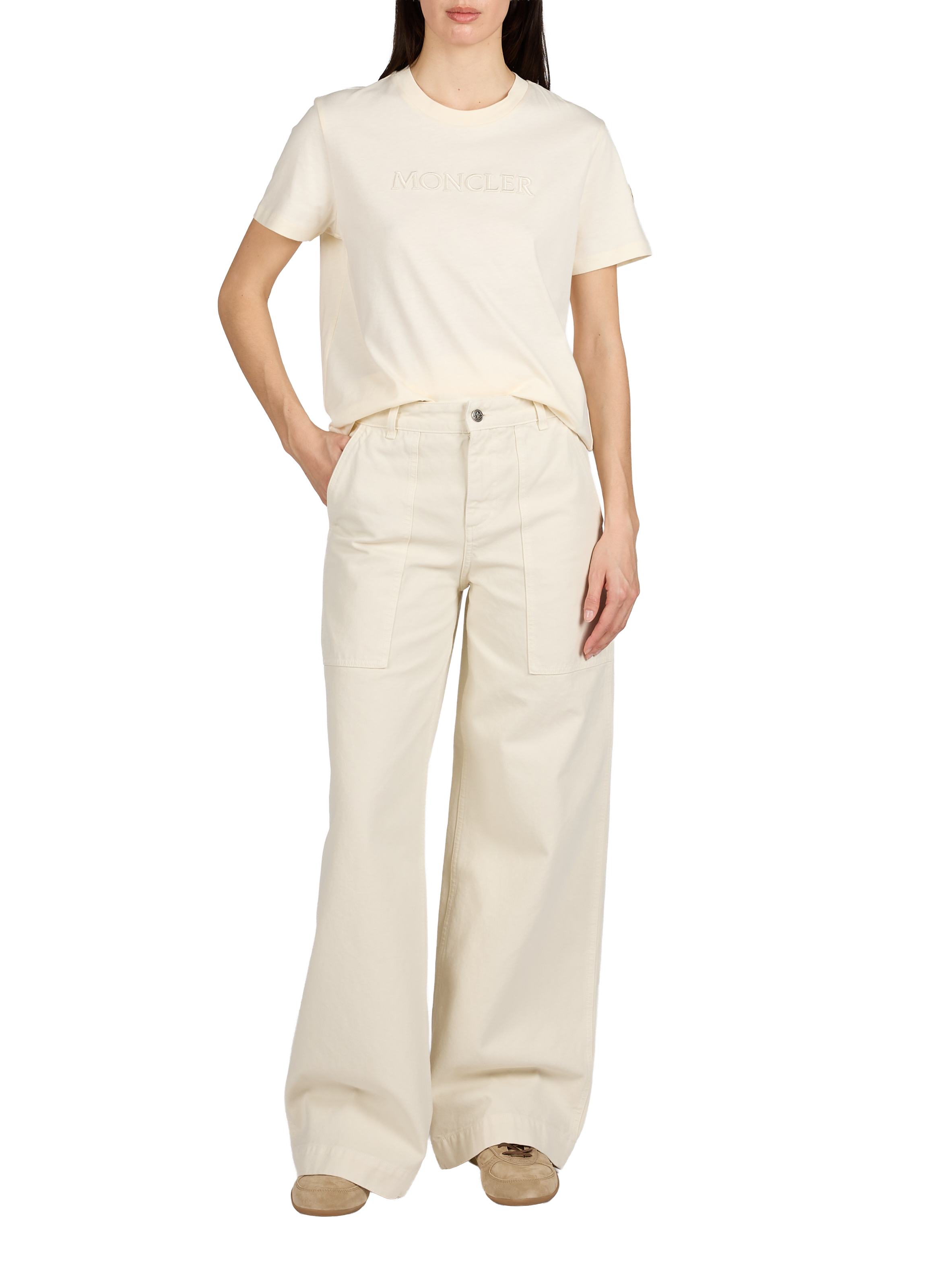 T-shirt brodé à col rond en coton MONCLER Blanc