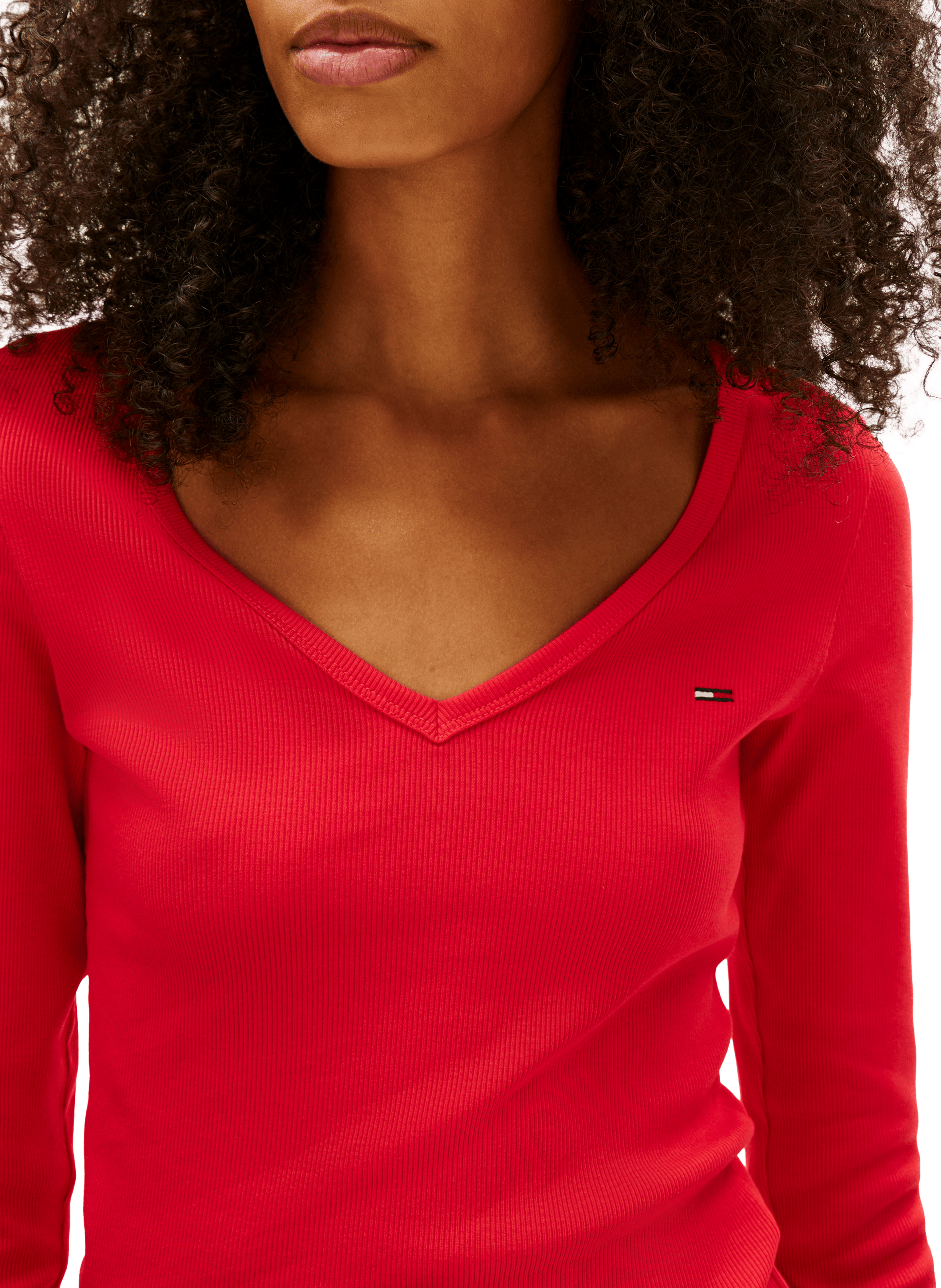 T-shirt côtelé à col V en coton mélangé TOMMY HILFIGER Rouge