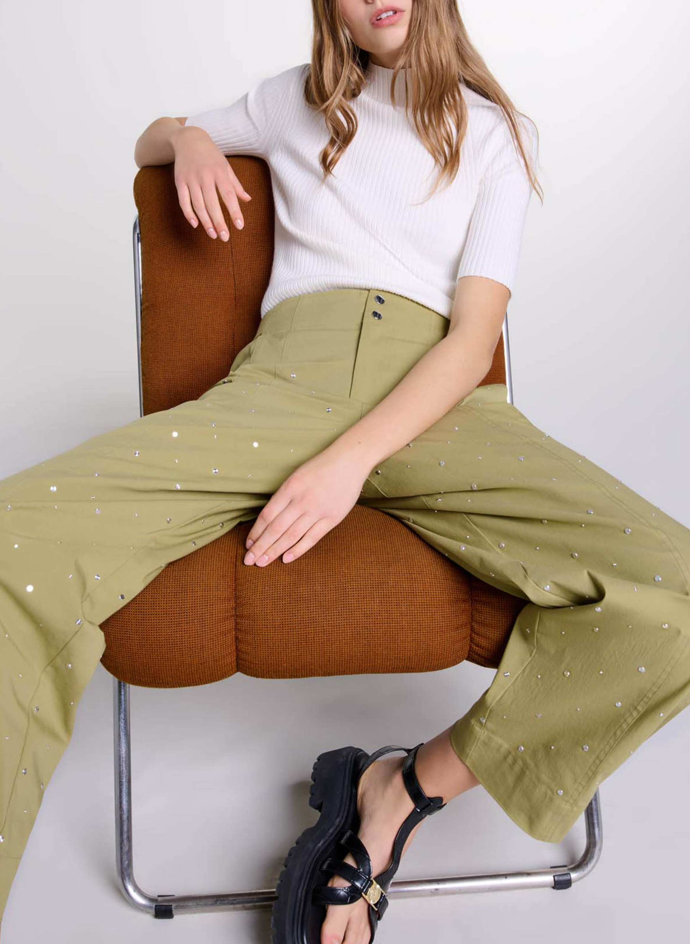 Top col rond en coton mélangé Beige