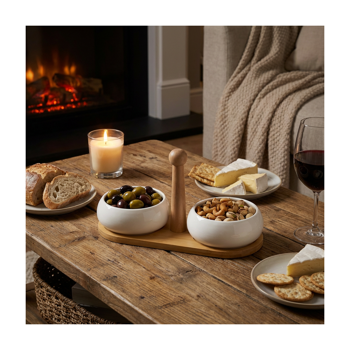 Tapas - set de 2 coupelles apéritives en céramique avec plateau en bambou MEDARD DE NOBLAT Blanc