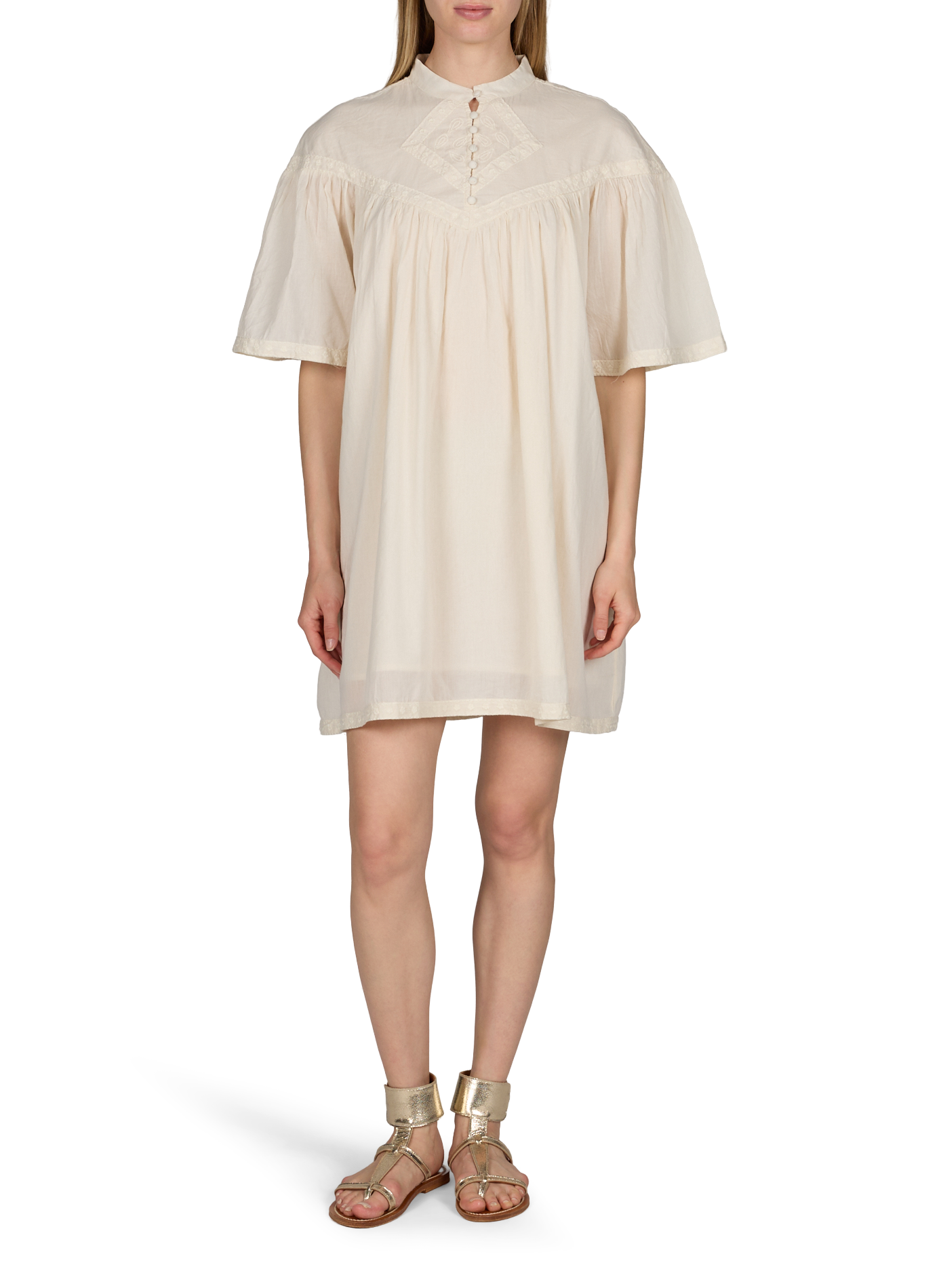 Robe manches courtes brodée en coton VILA Beige