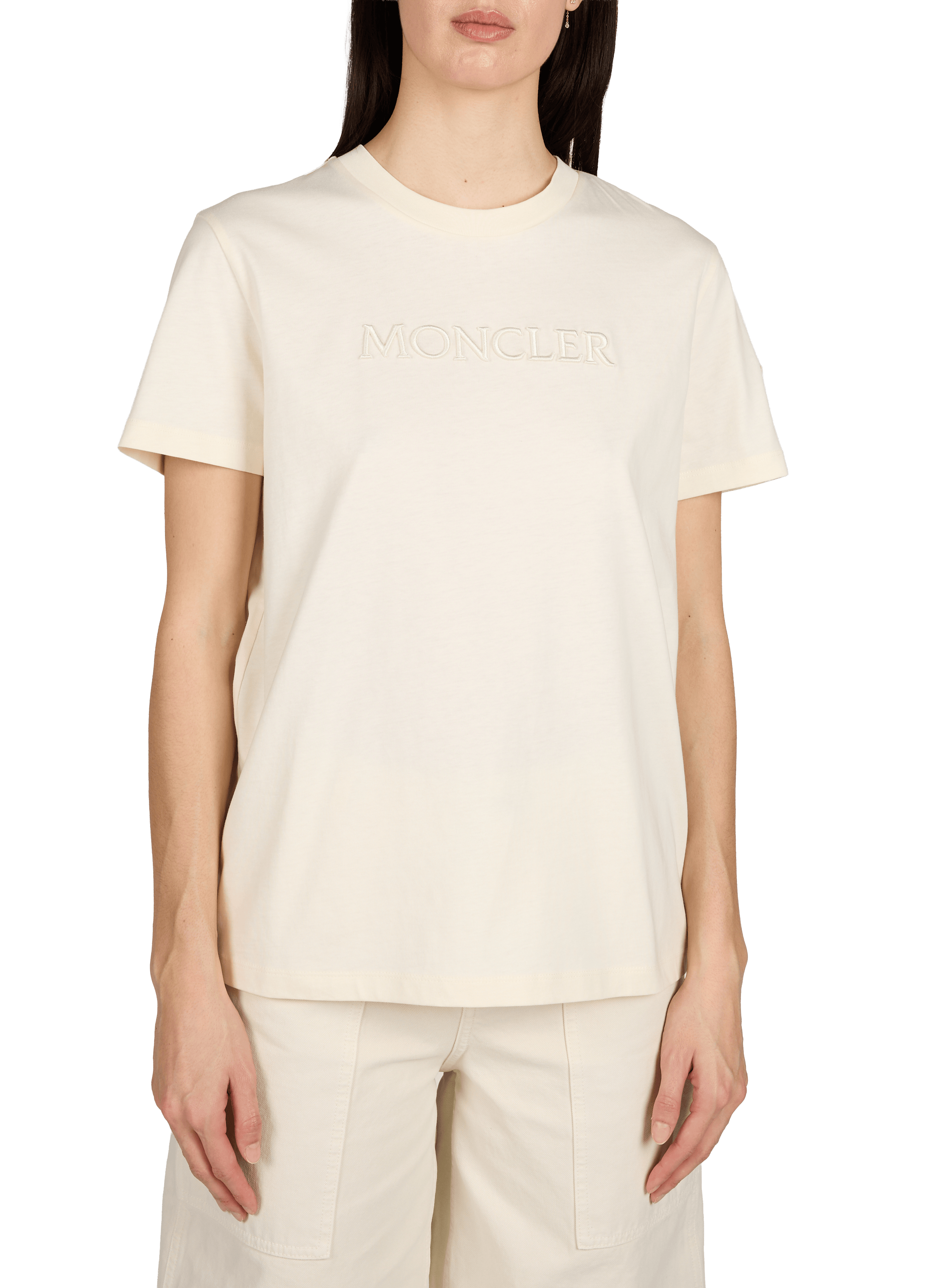 T-shirt brodé à col rond en coton MONCLER Blanc