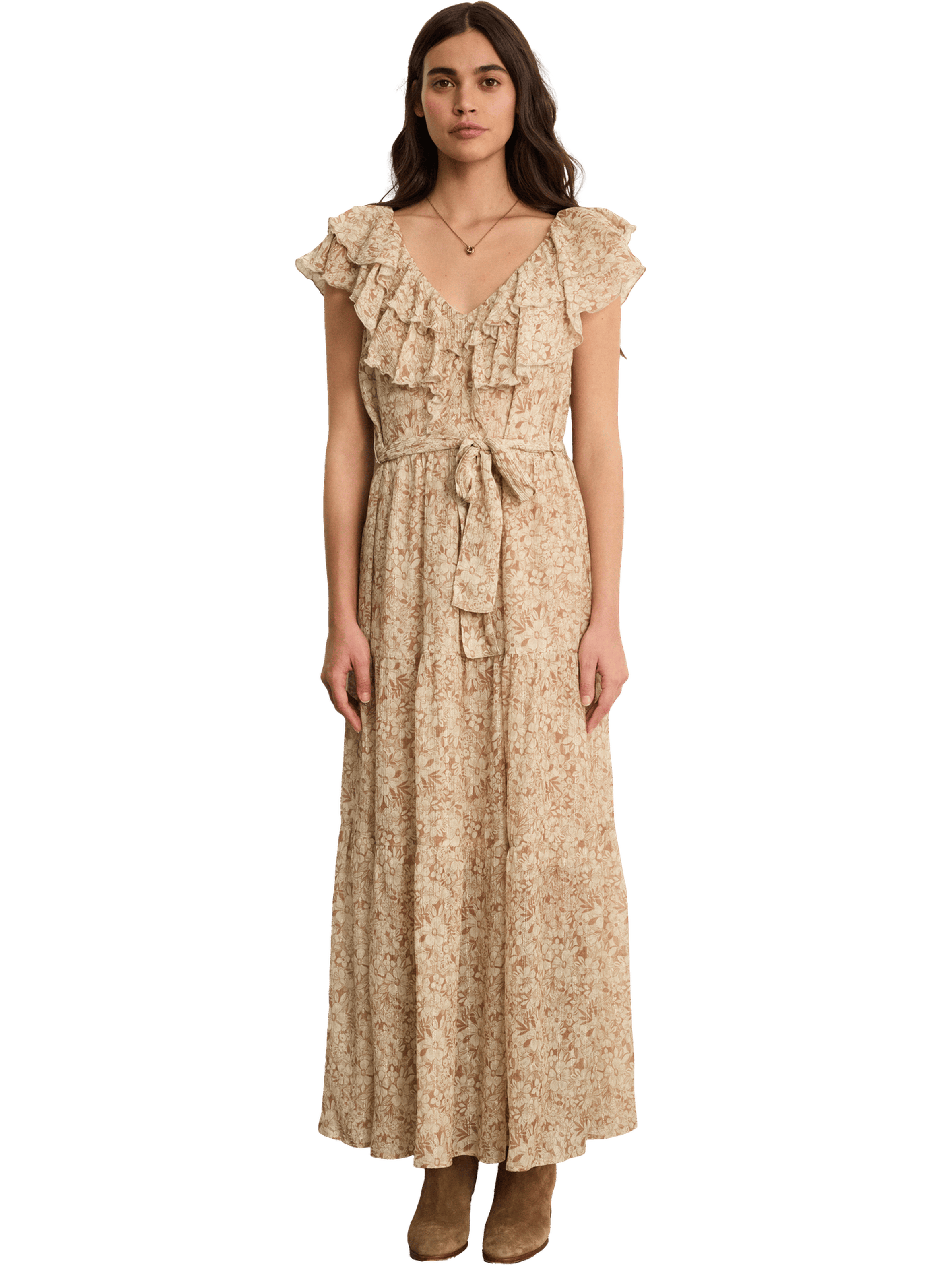 Robe longue à fleurs et volants - arlene PABLO Beige