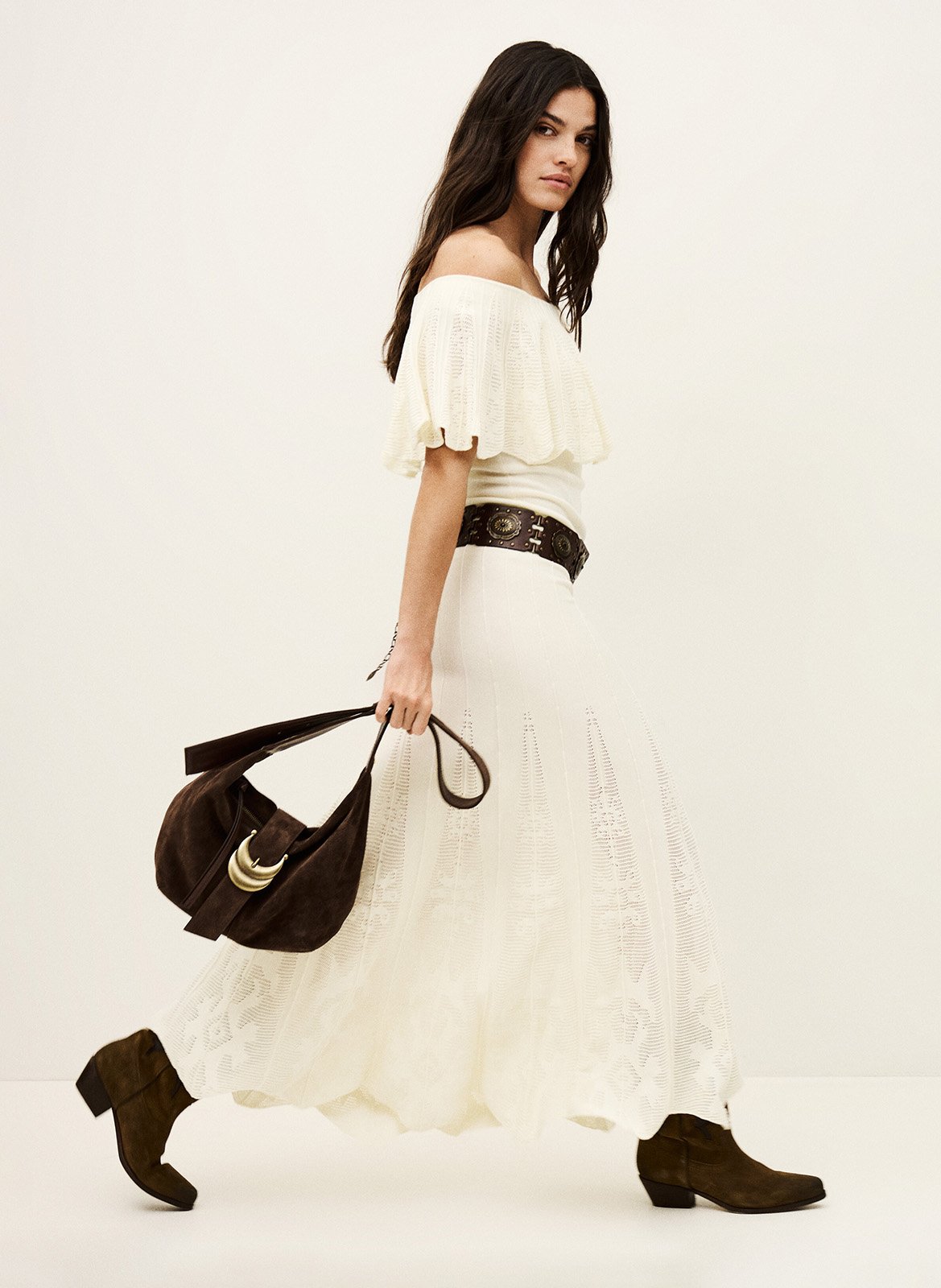 Jupe longue évasée à détails ajourés serta BA&SH Beige