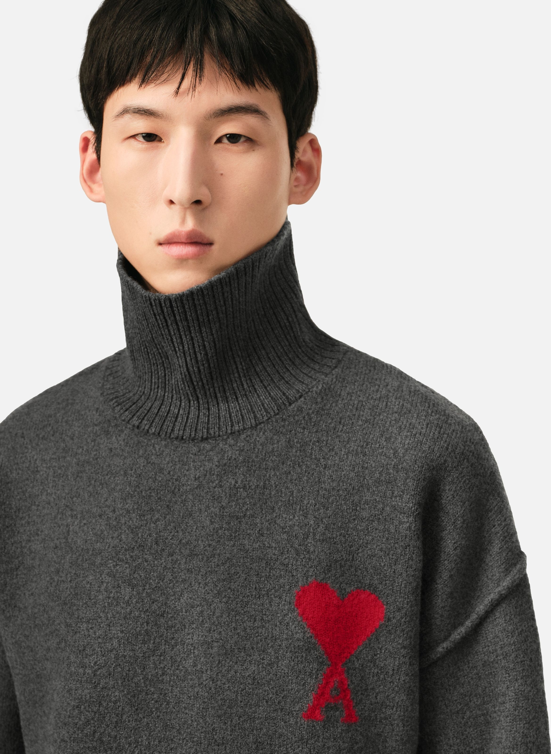 Pull col cheminée ami de coeur en laine unisexe AMI PARIS Gris