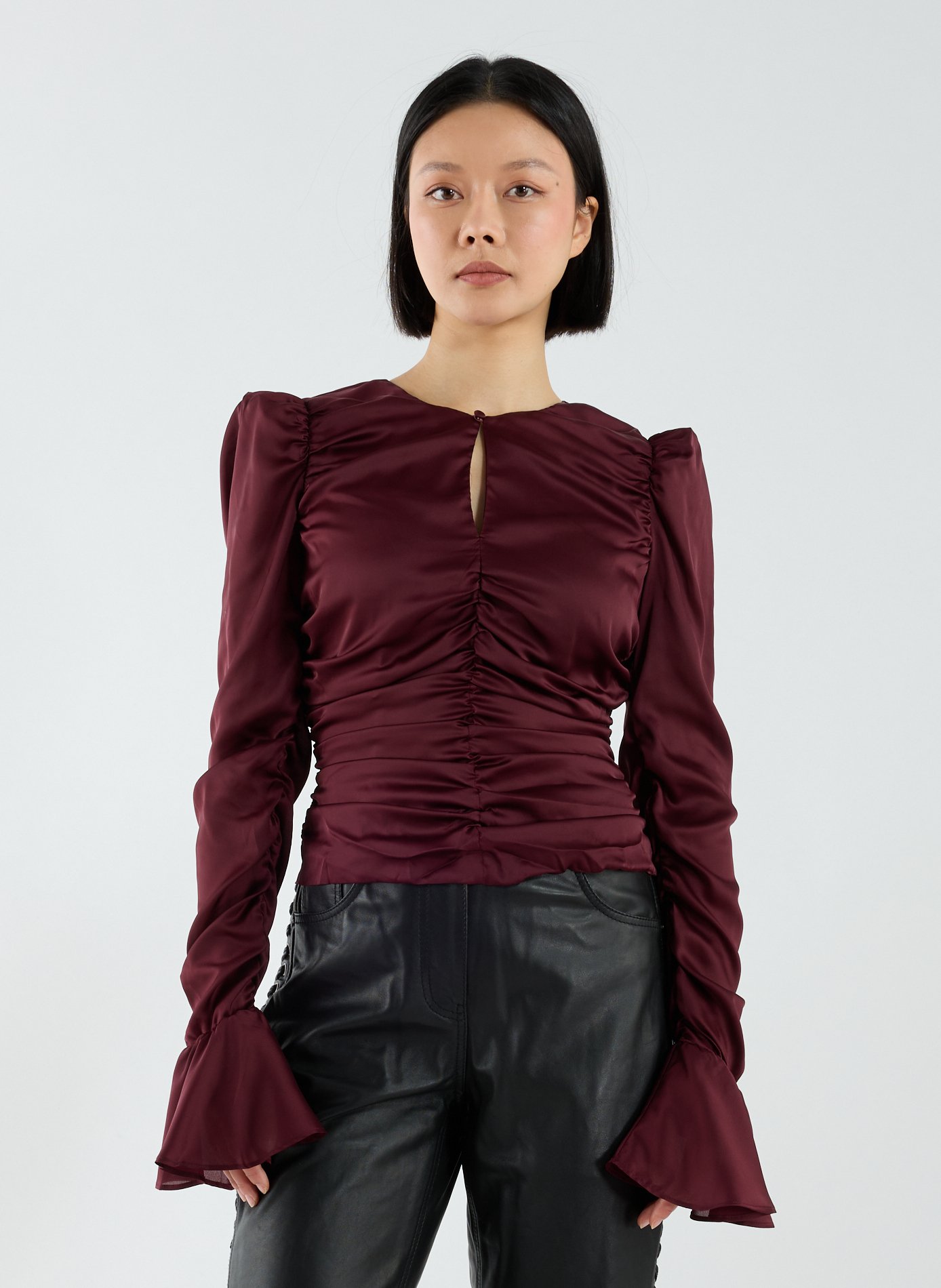 Top froncé à manches longues ROTATE Rouge