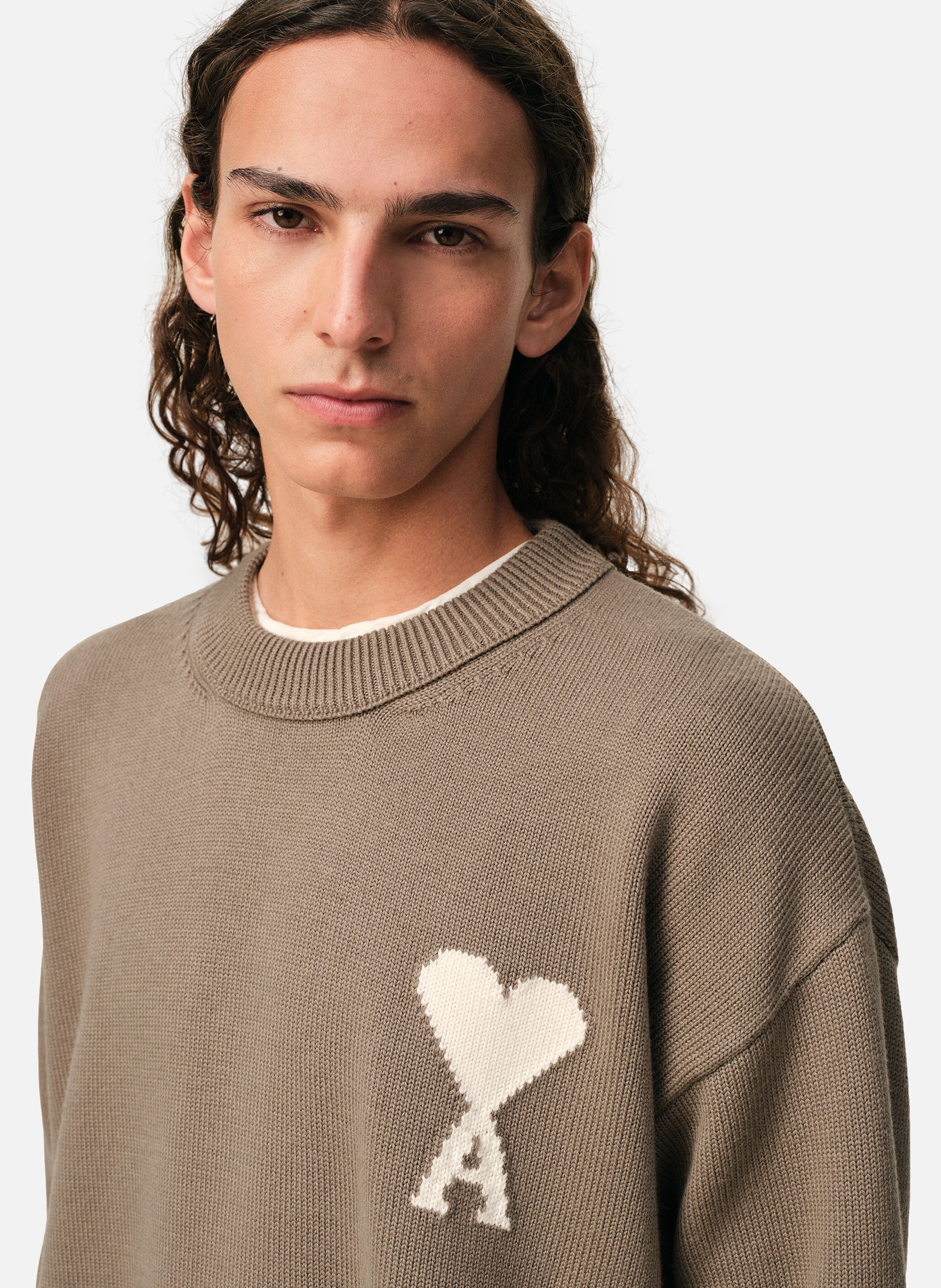 Pull col rond ami de coeur unisexe en laine et coton AMI PARIS Beige