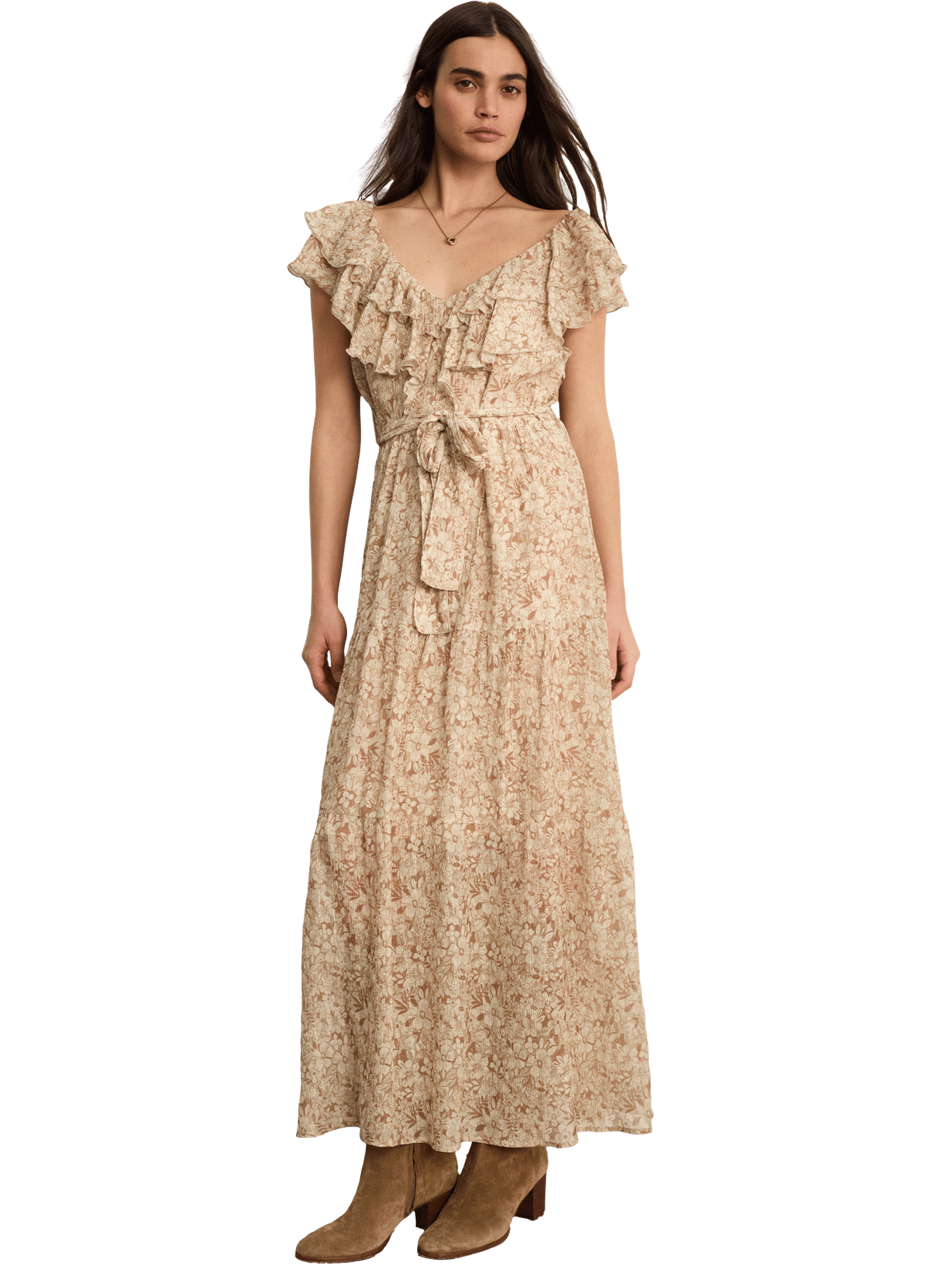 Robe longue à fleurs et volants - arlene PABLO Beige