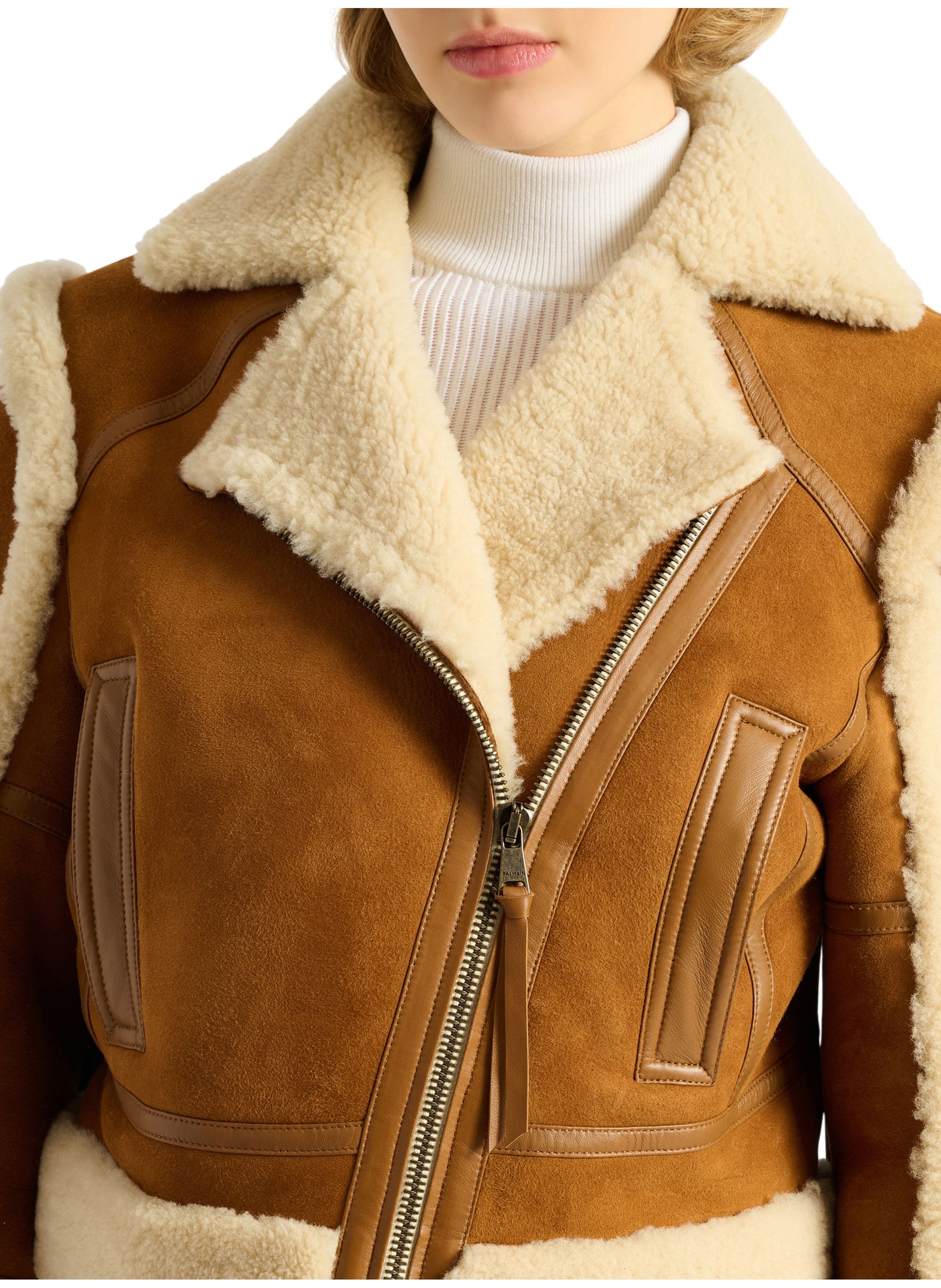 Veste biker en shearling BALMAIN Marron