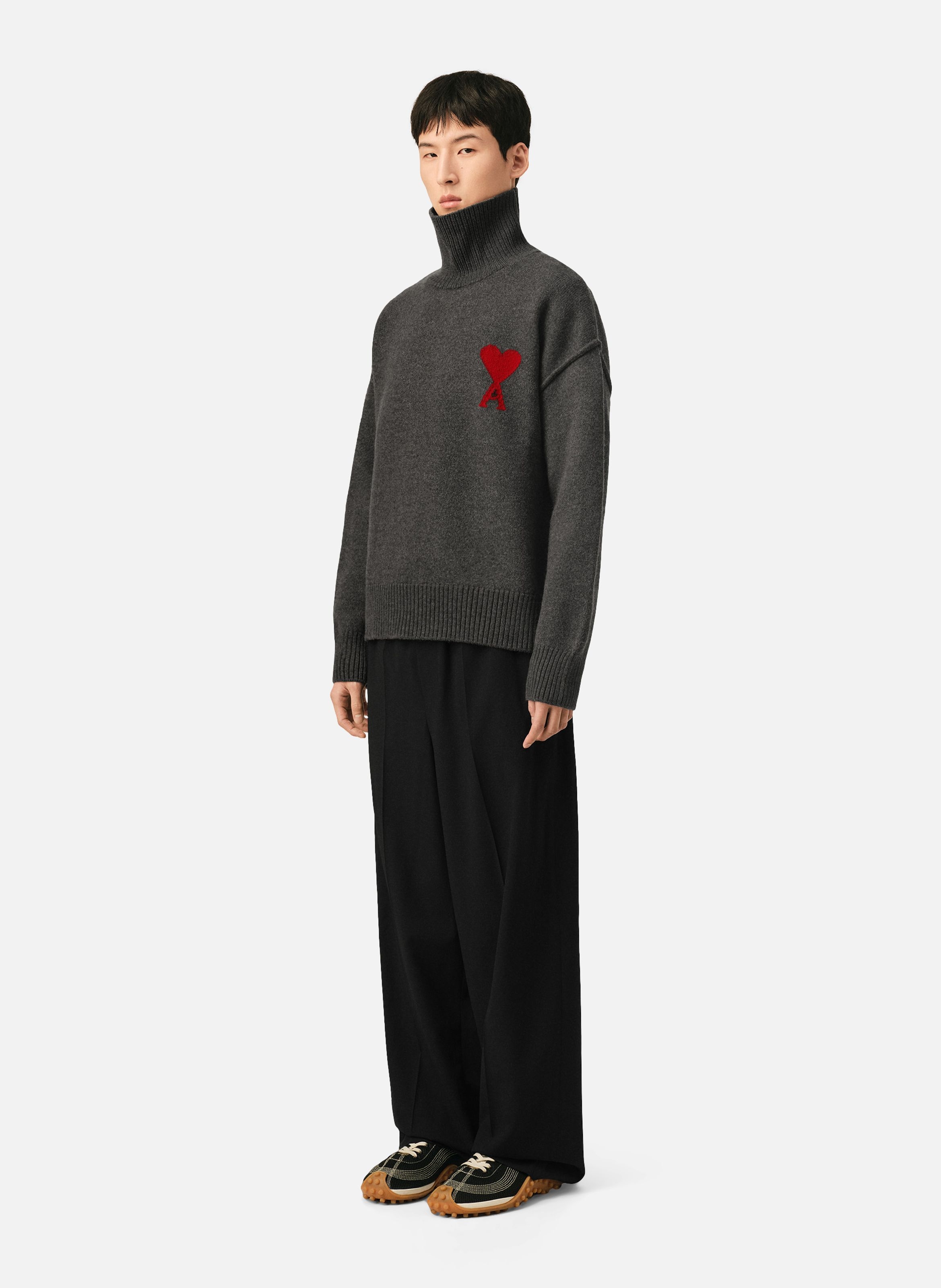 Pull col cheminée ami de coeur en laine unisexe AMI PARIS Gris