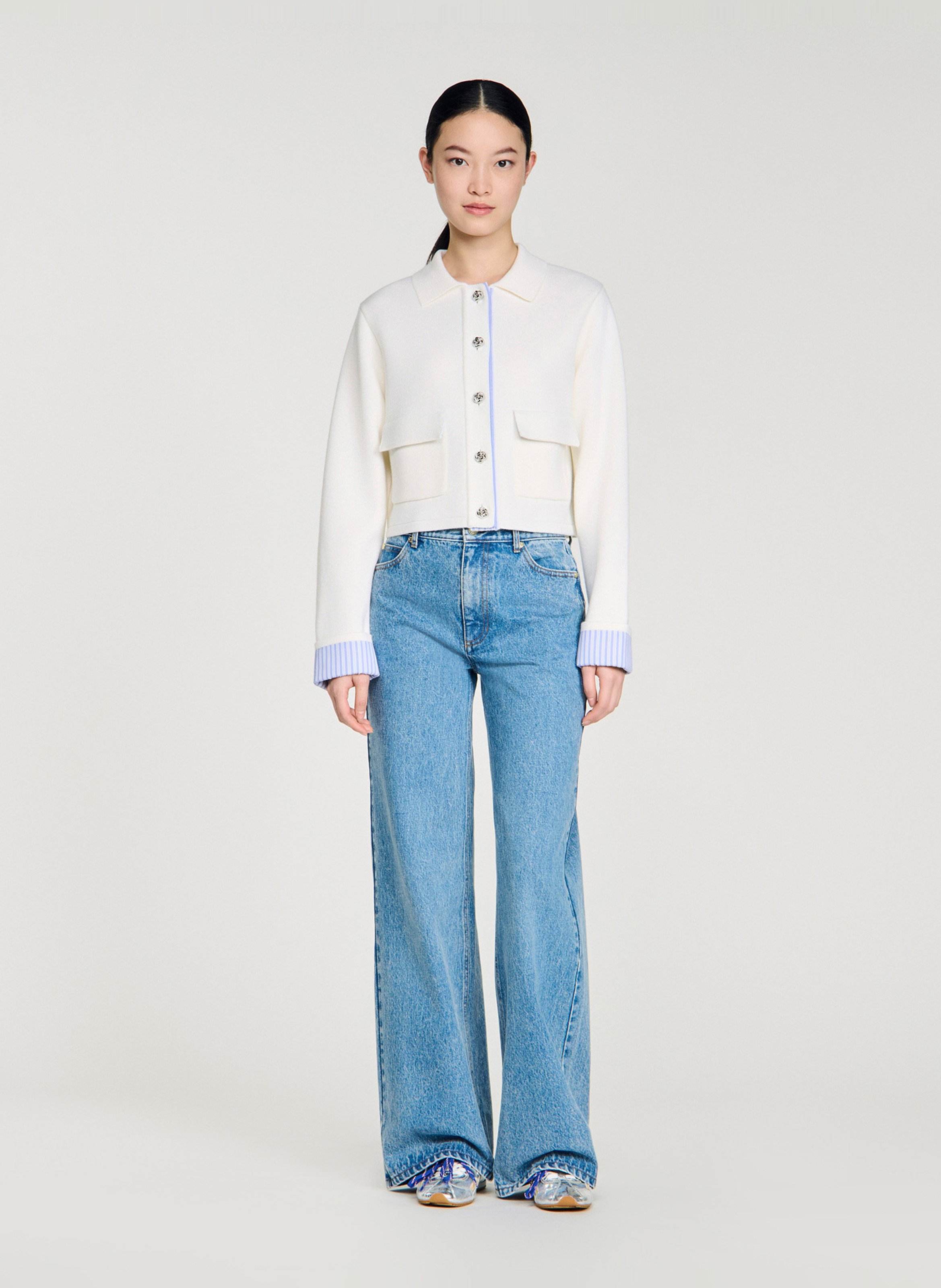 Cardigan court à détail rayé en laine mélangée SANDRO Beige