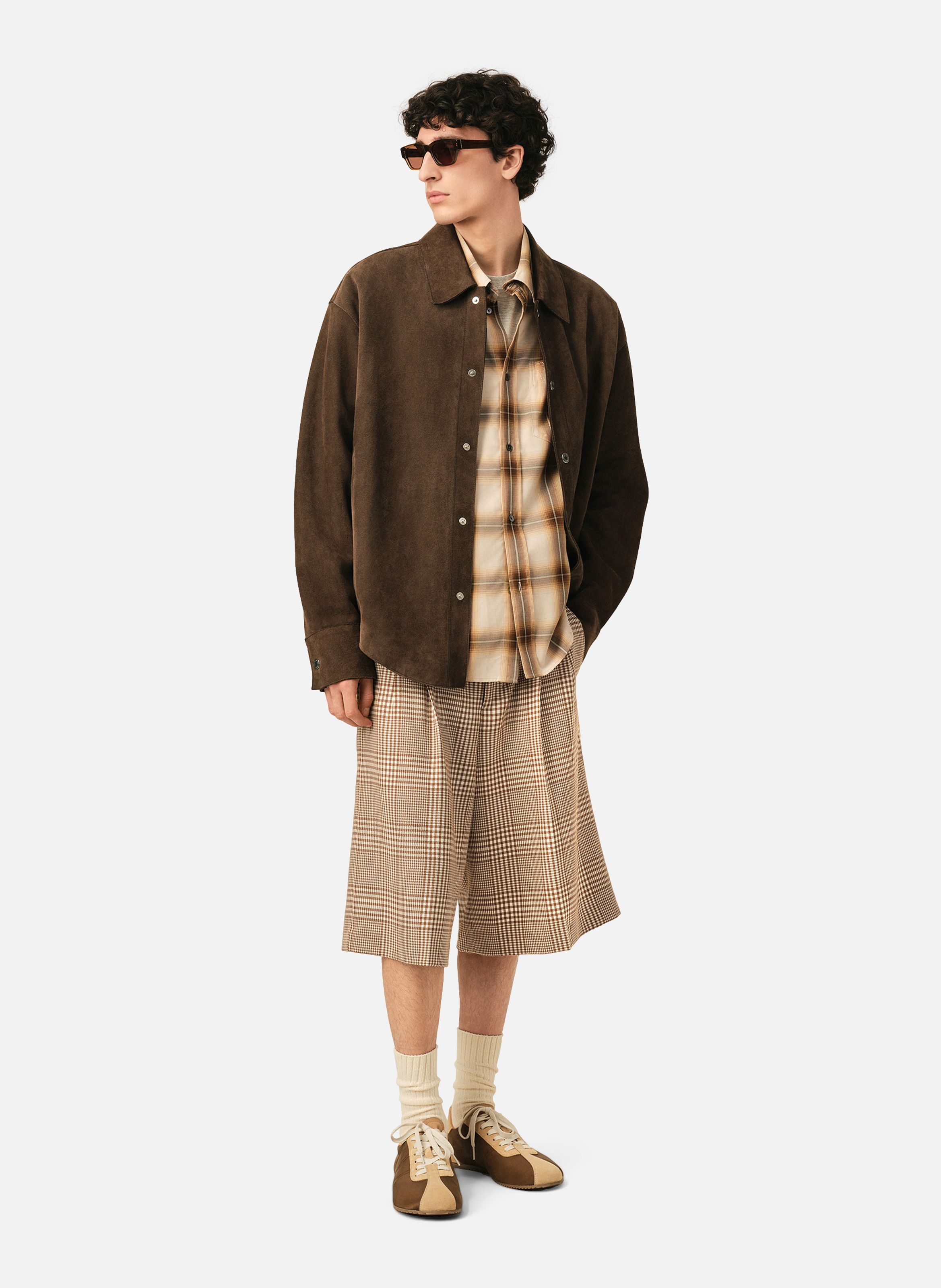 Short à carreaux prince de galles en laine vierge AMI PARIS Marron