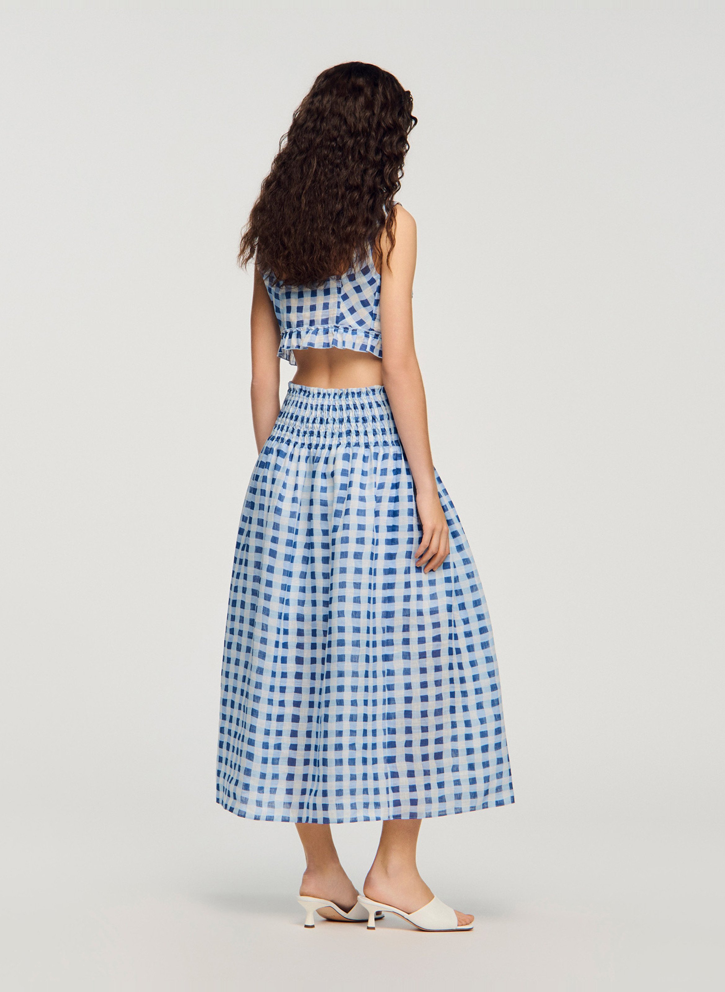 Jupe midi carreaux de vichy en lin mélangé SANDRO Bleu