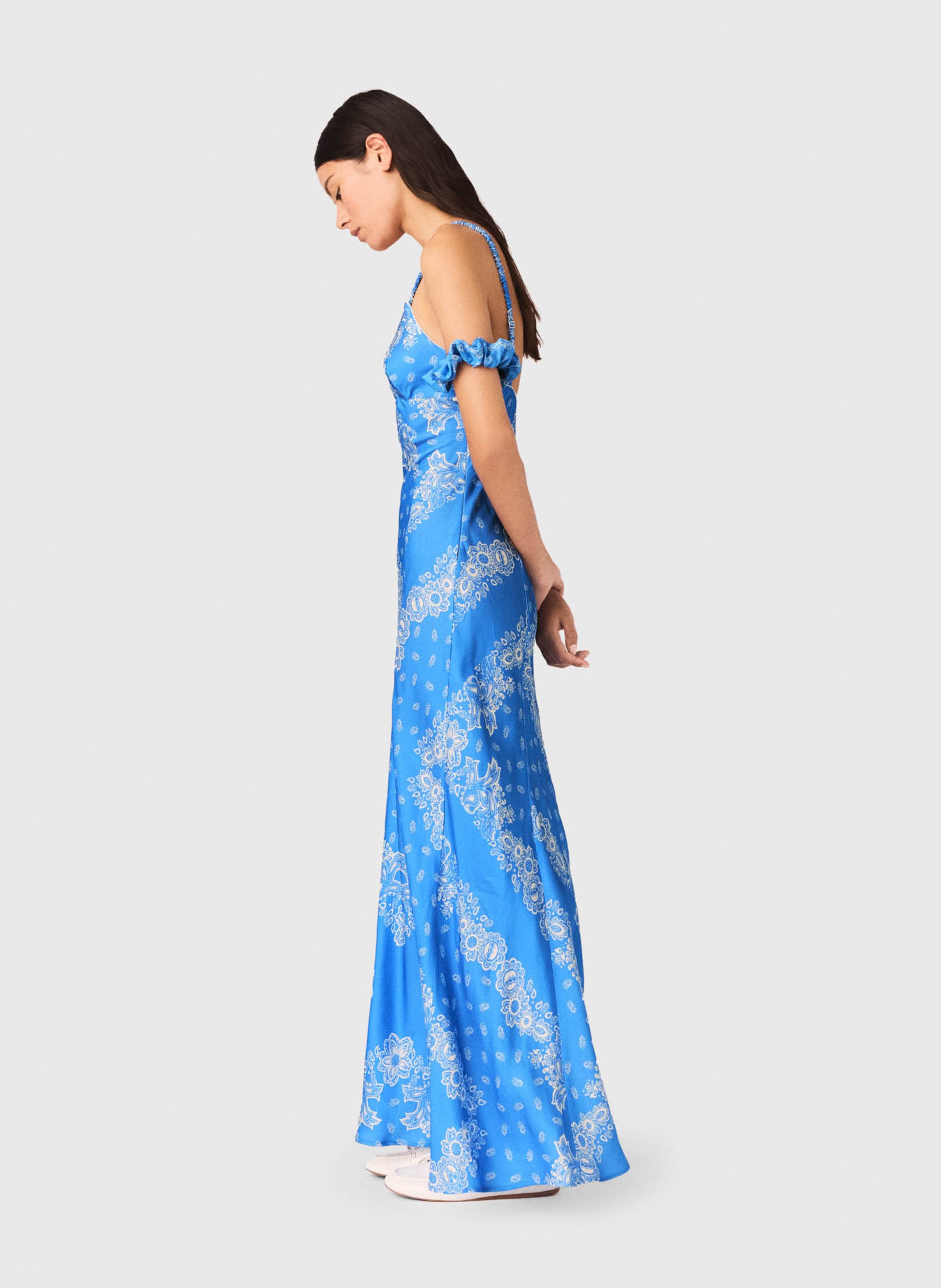 Robe longue col v imprimée Bleu