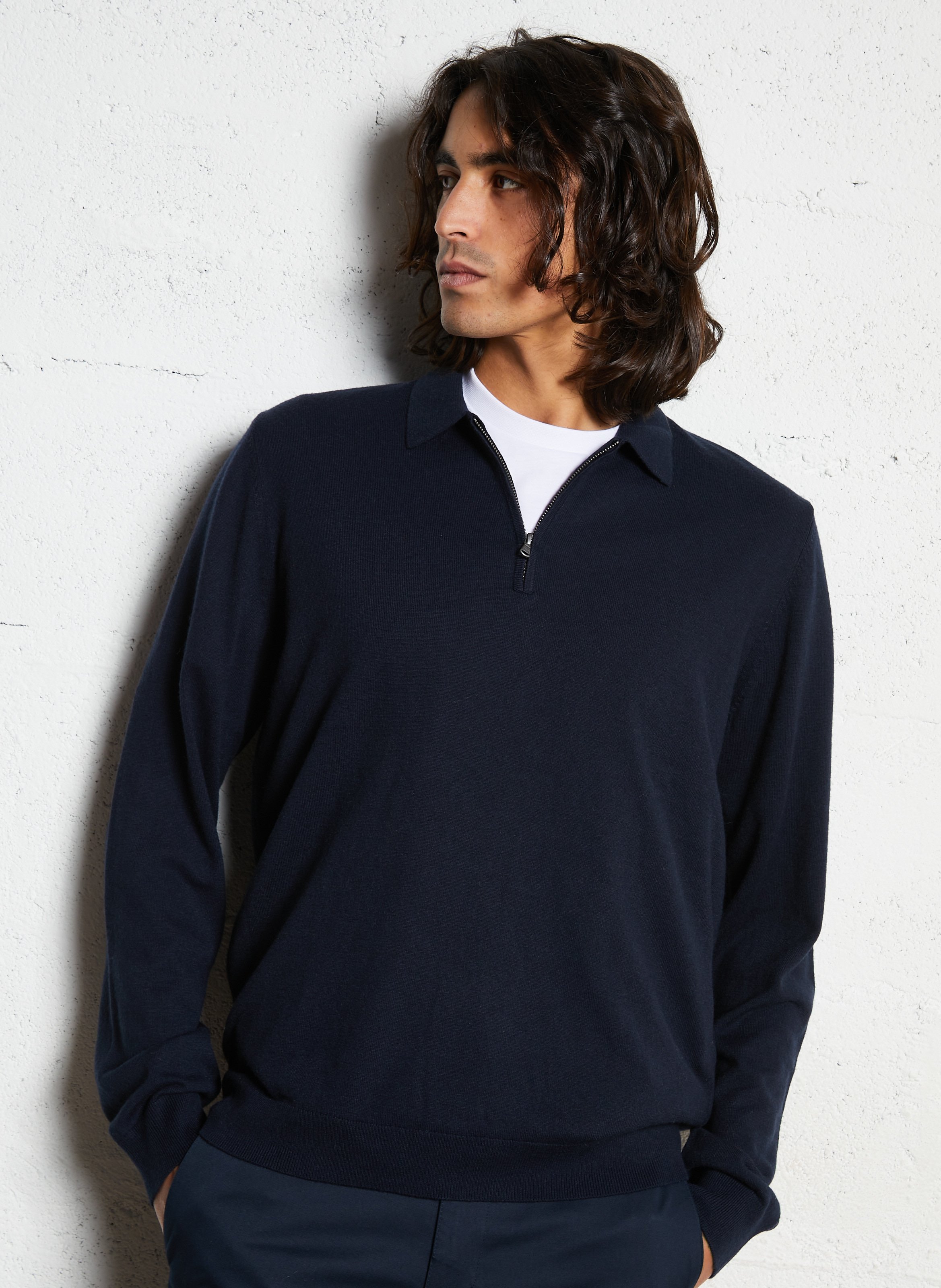 Pull droit uni à col polo zippé IKKS Bleu