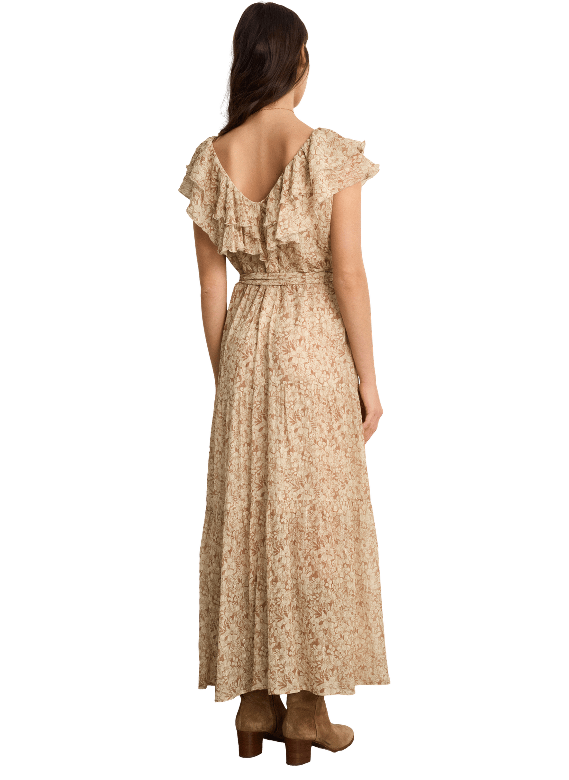 Robe longue à fleurs et volants - arlene PABLO Beige