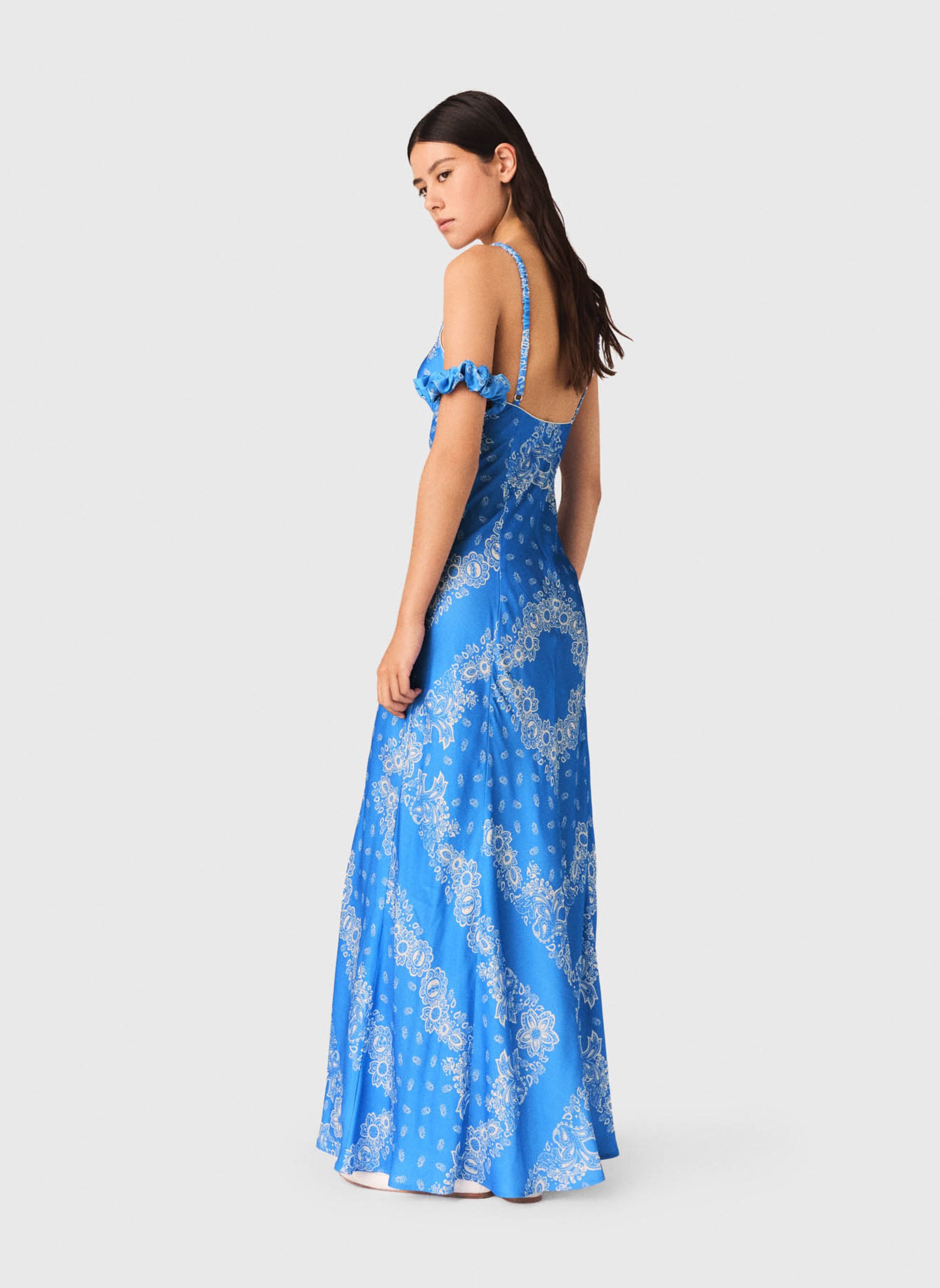 Robe longue col v imprimée Bleu