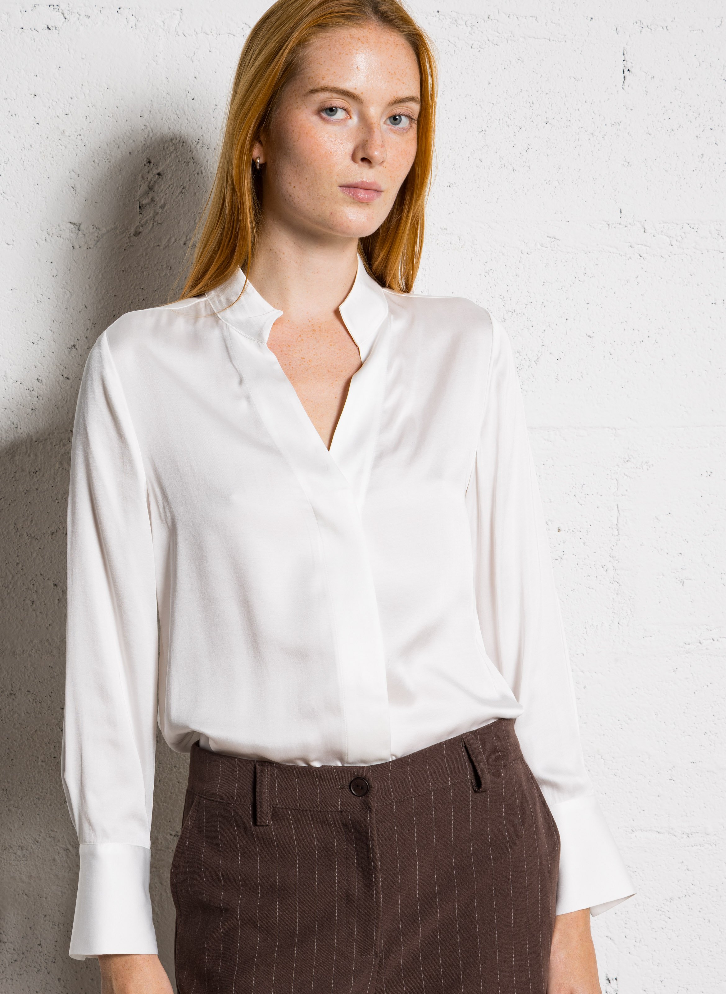 Blouse fluide satinée à col tunisien basile MAISON 123 Blanc