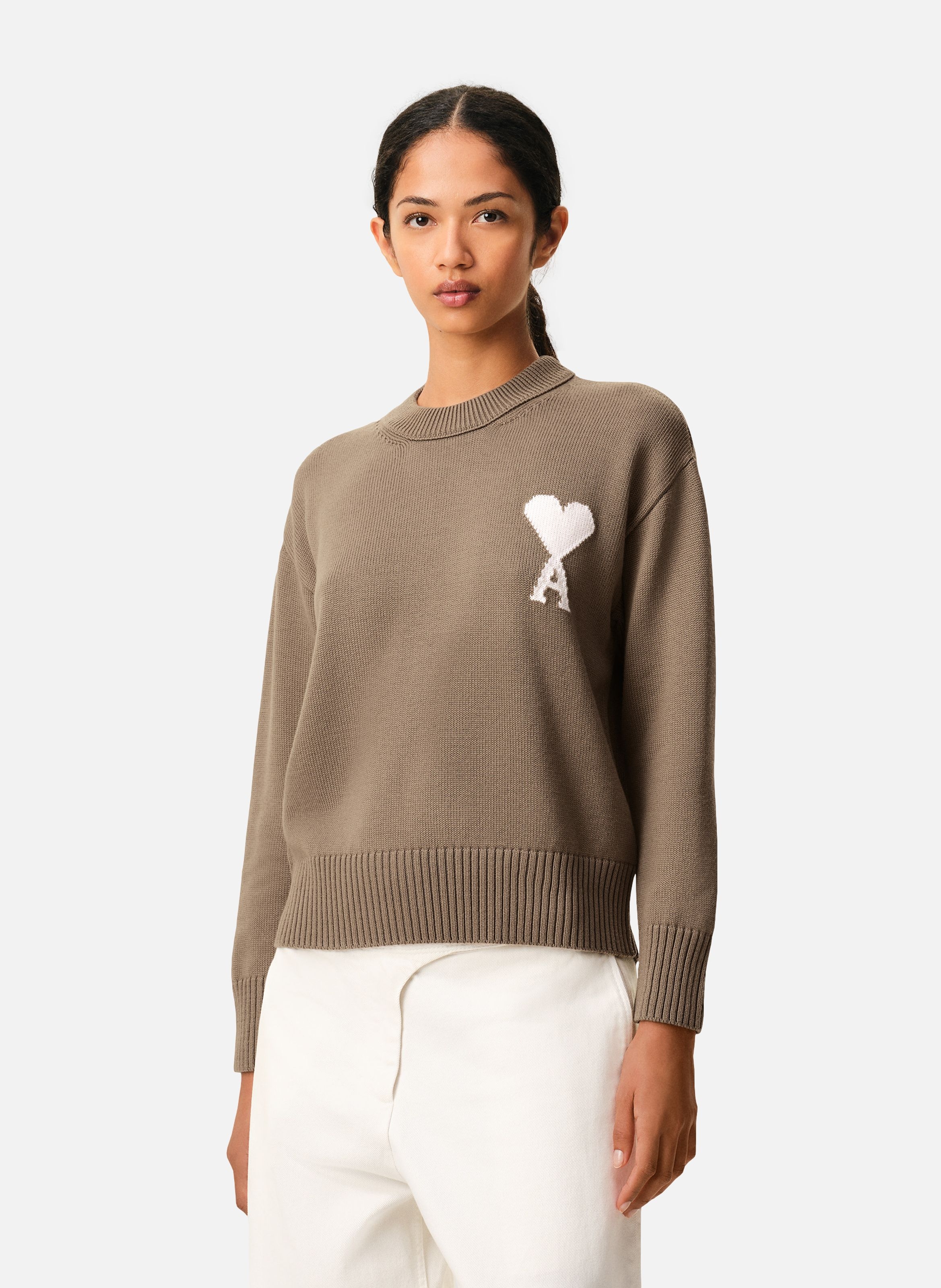 Pull col rond ami de coeur unisexe en laine et coton AMI PARIS Beige