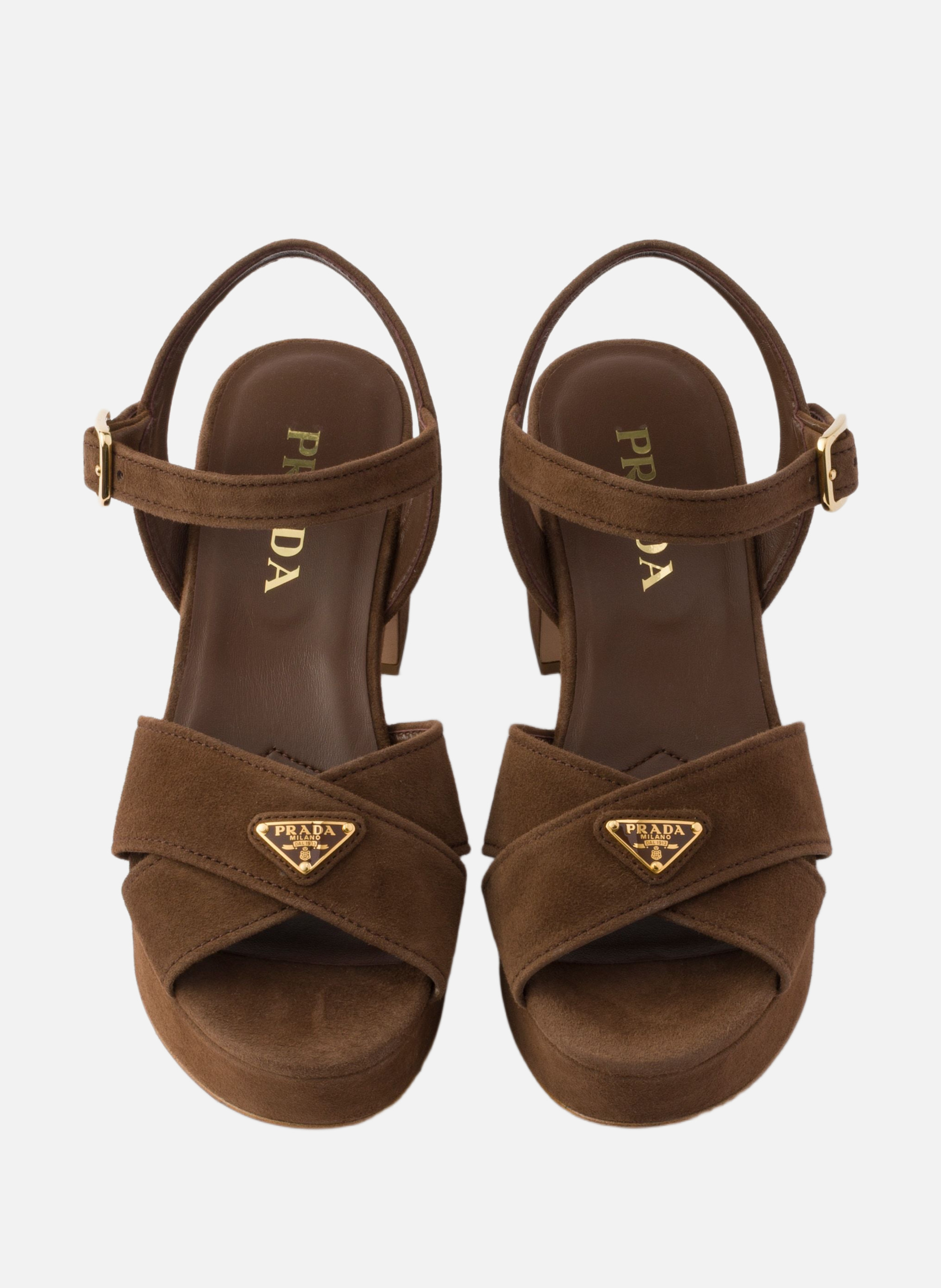 Sandales compensées en veau velours Marron