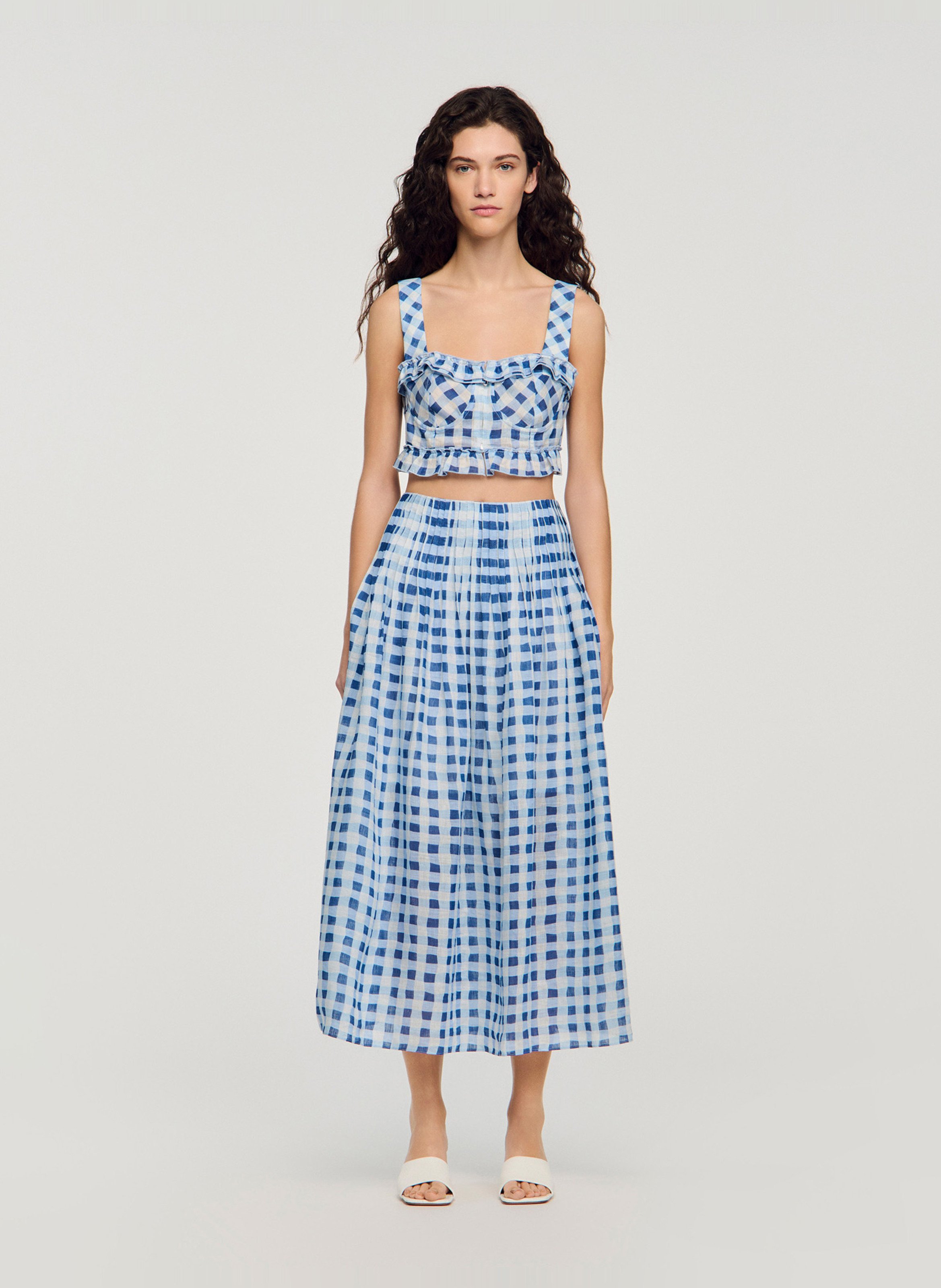 Jupe midi carreaux de vichy en lin mélangé SANDRO Bleu