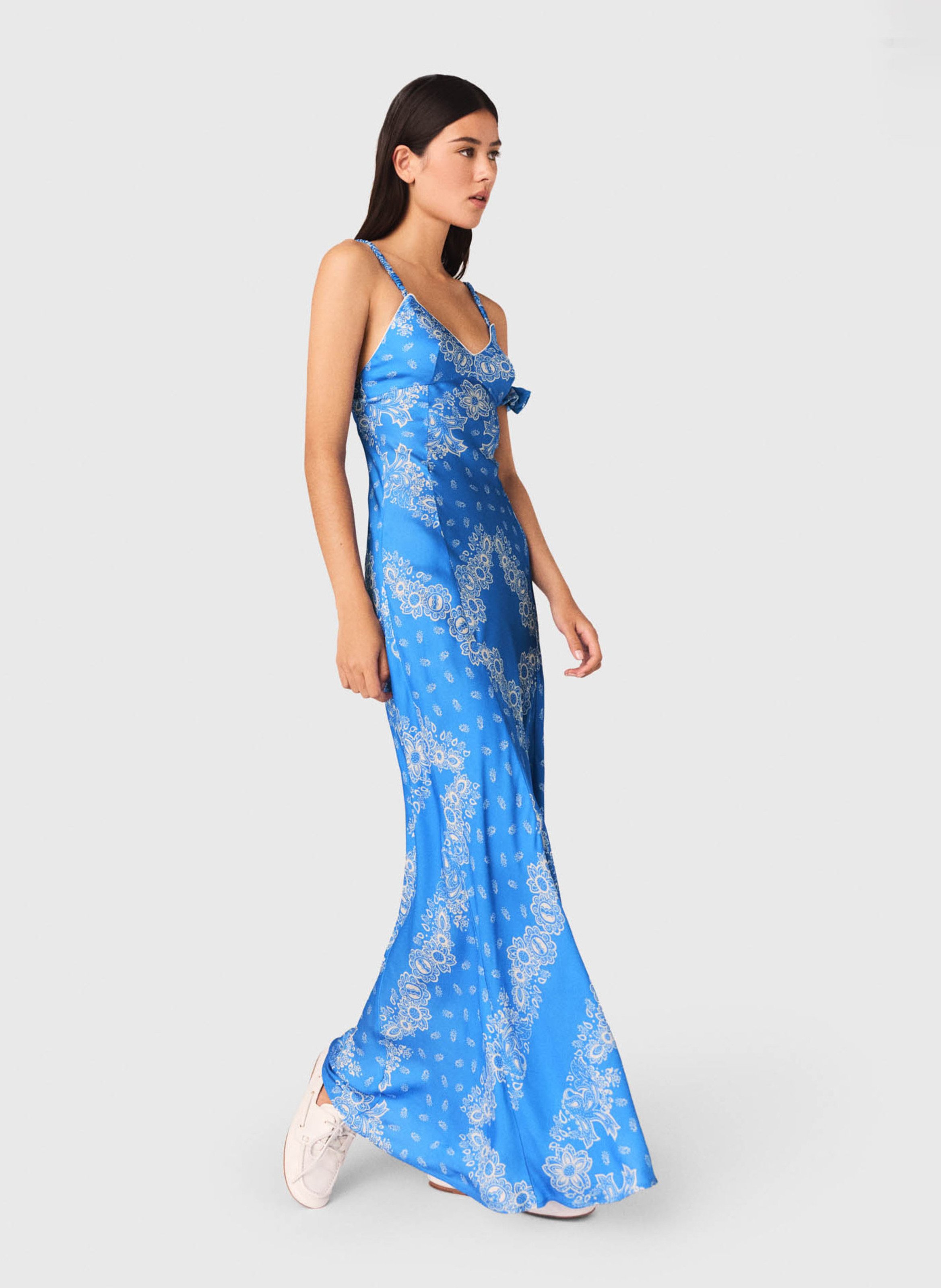 Robe longue col v imprimée Bleu