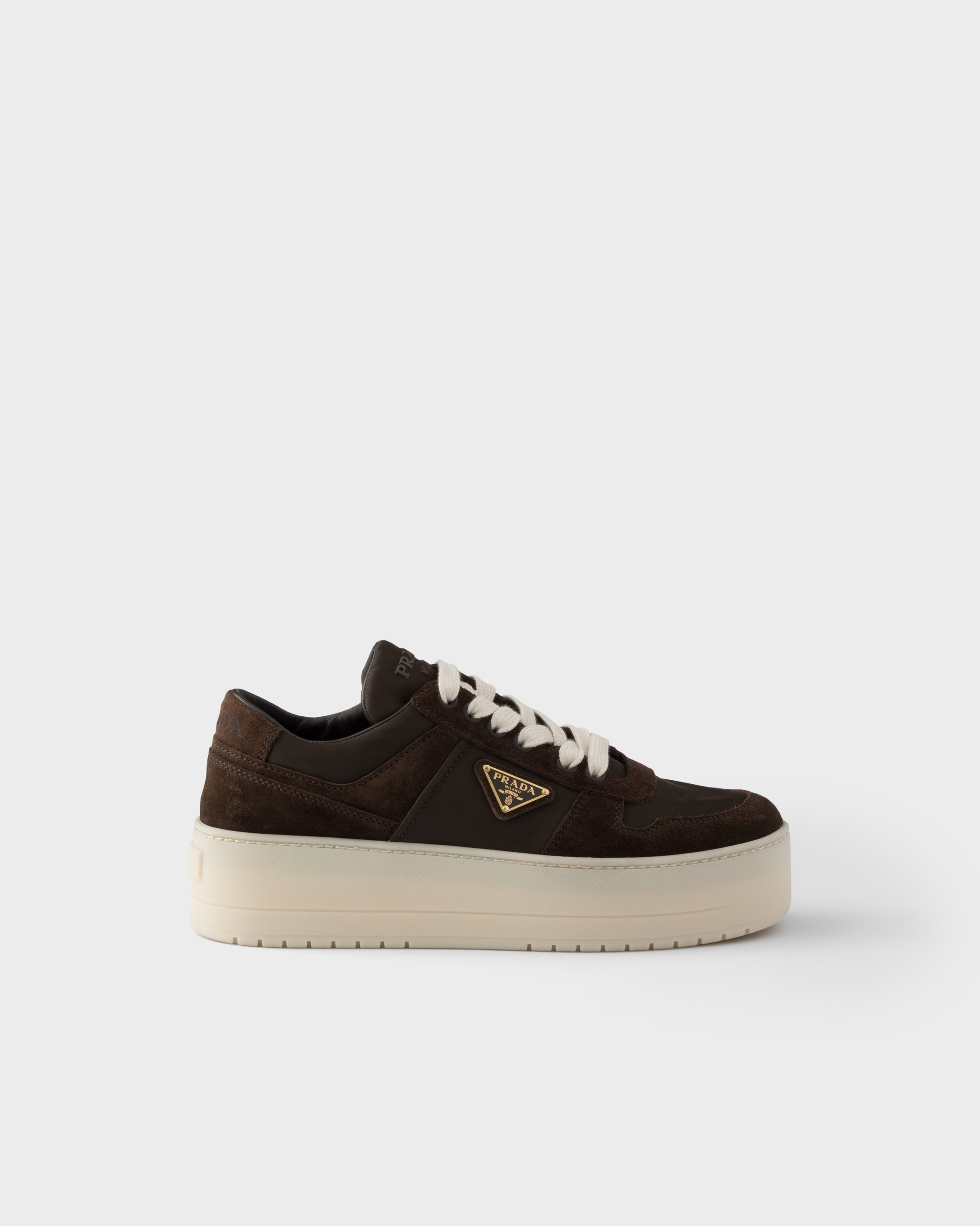 Baskets downtown bold en re-nylon et en daim PRADA Marron