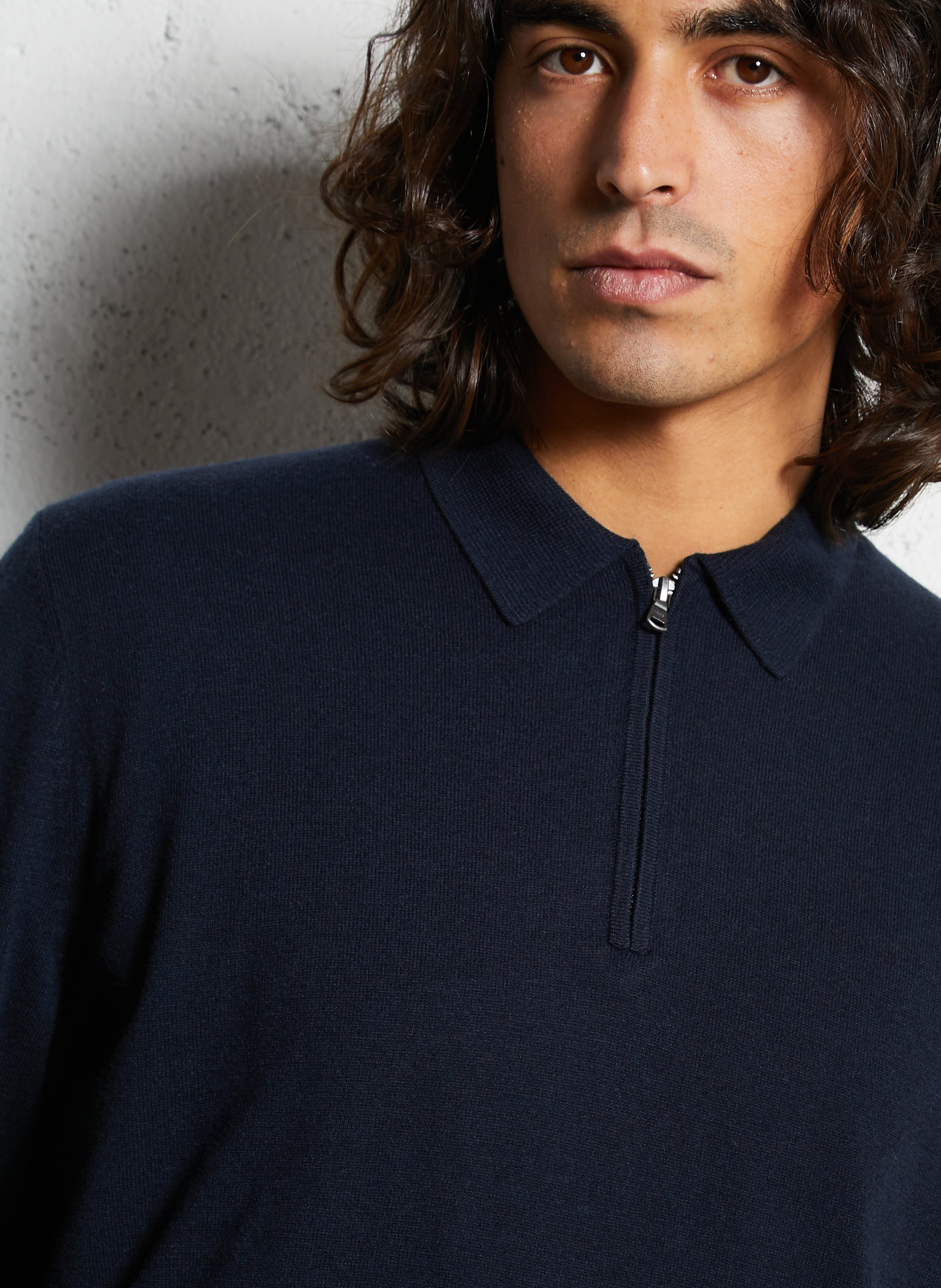 Pull droit uni à col polo zippé IKKS Bleu