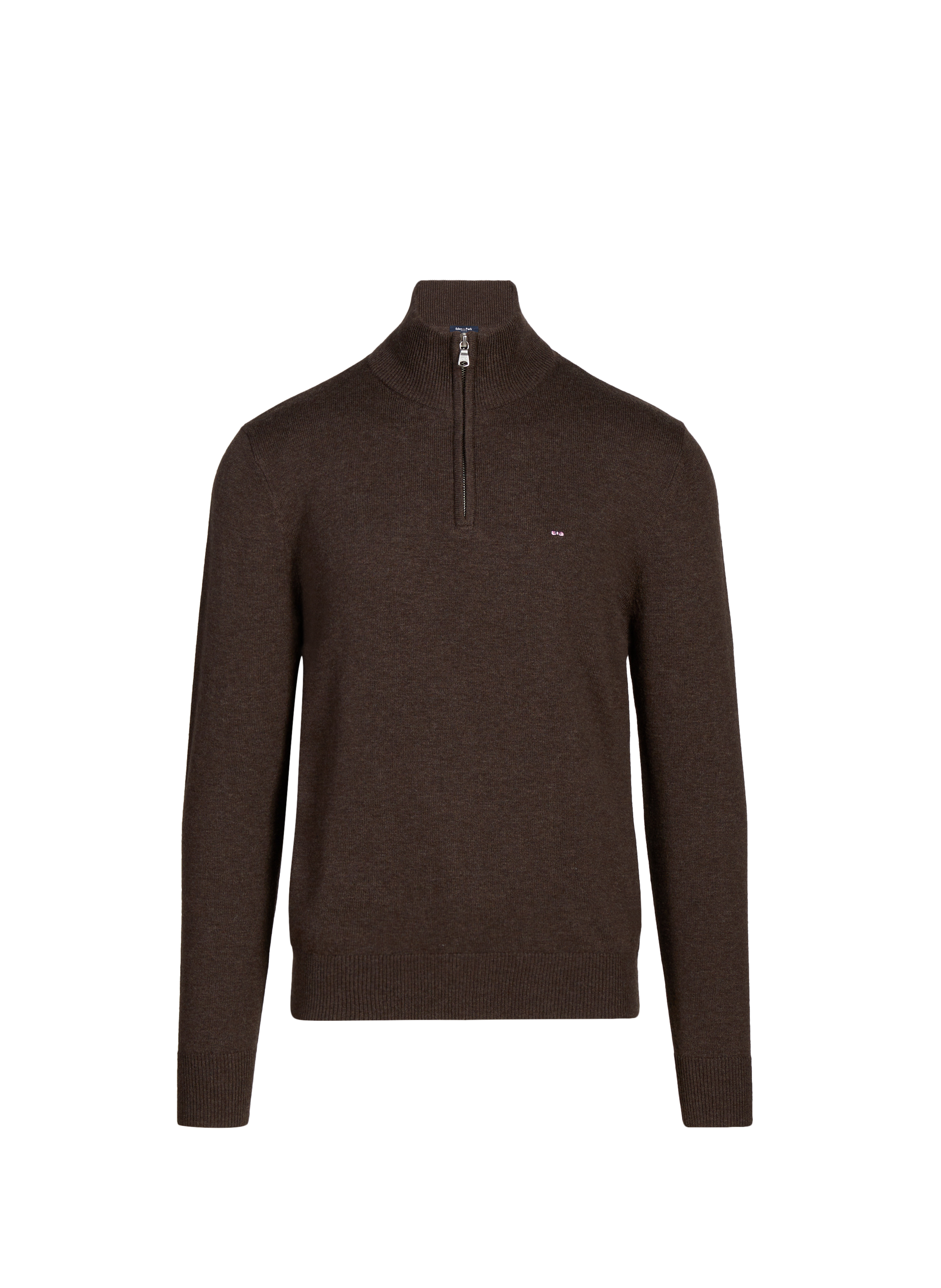 EDEN PARK Pull col zippé en laine et coton Marron