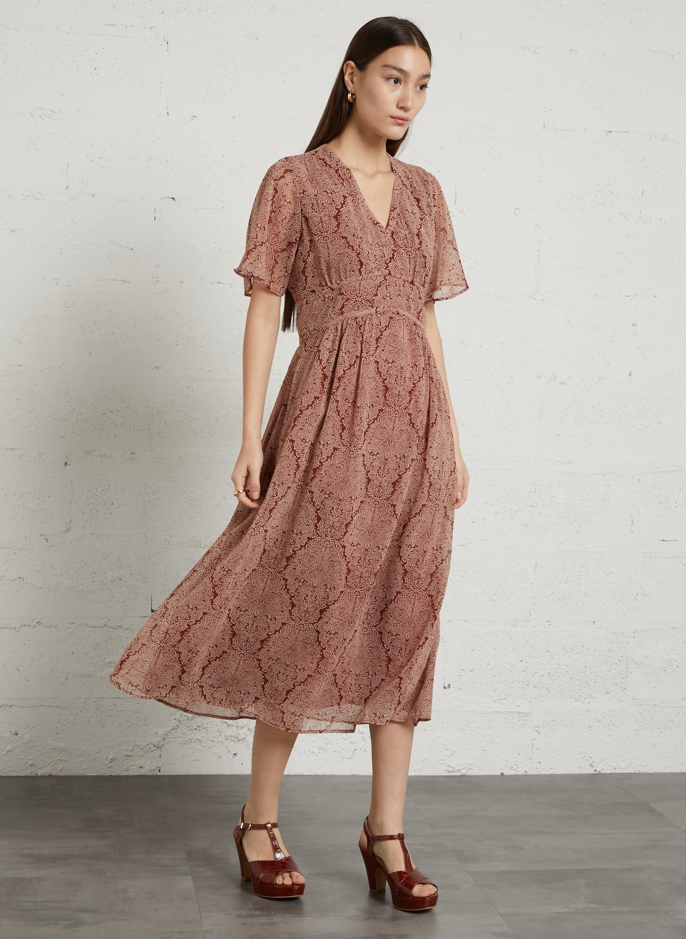 Robe longue col v imprimée brunela MAISON 123 Rouge