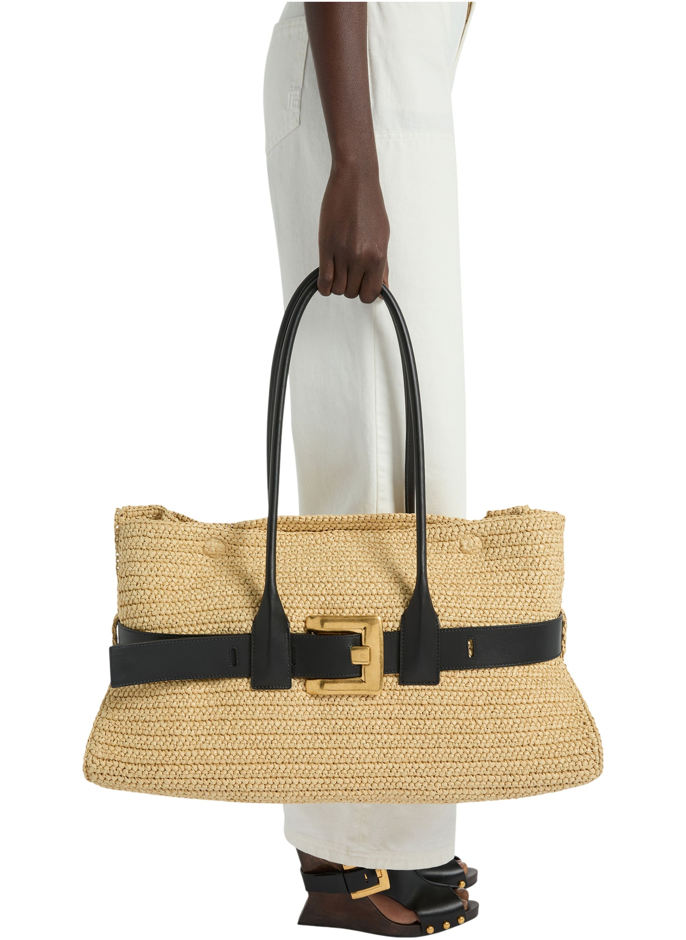 Sac anthem large en crochet et cuir lisse BALMAIN Beige