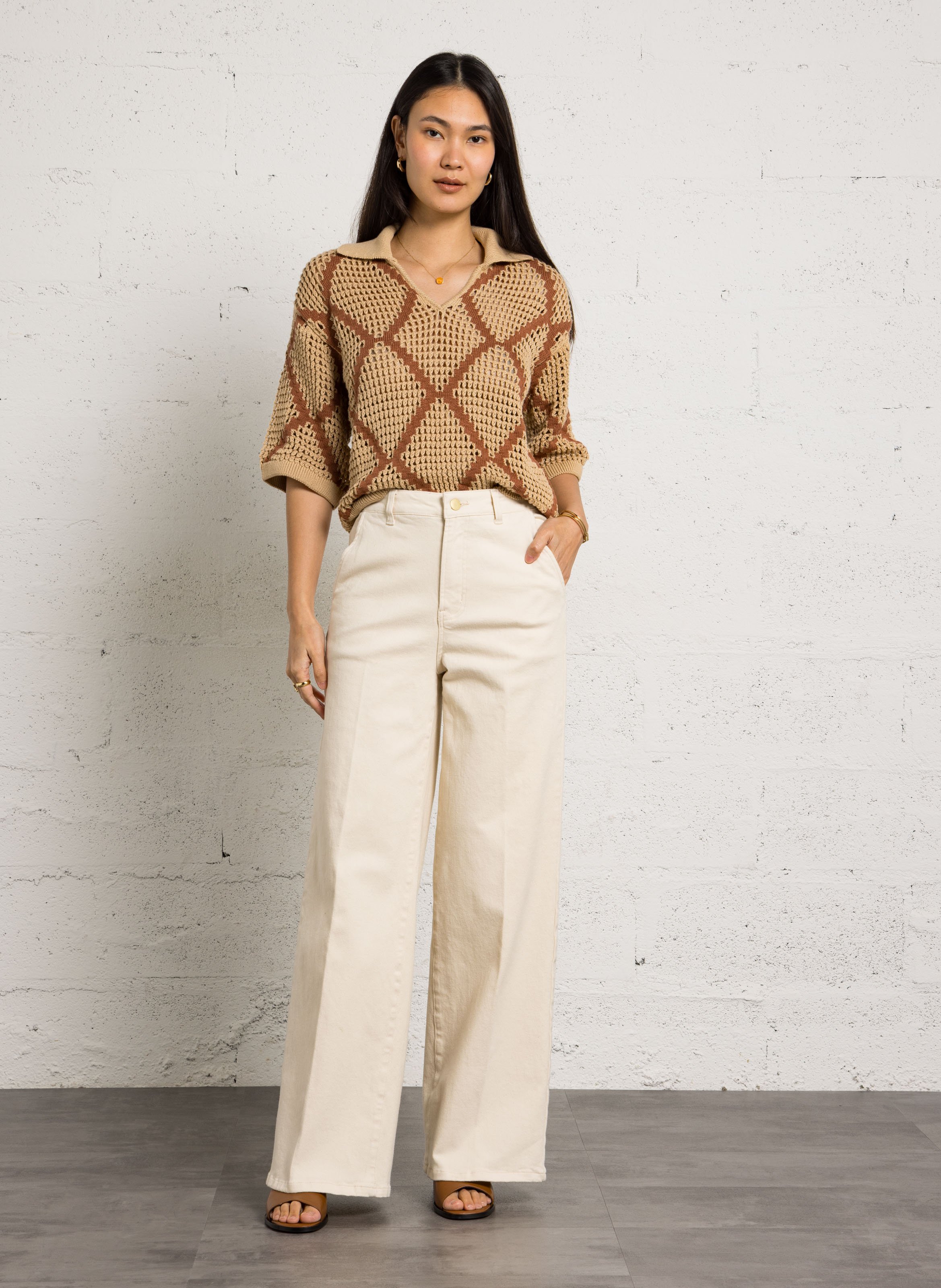 Polo à motif en maille ajourée percy Beige