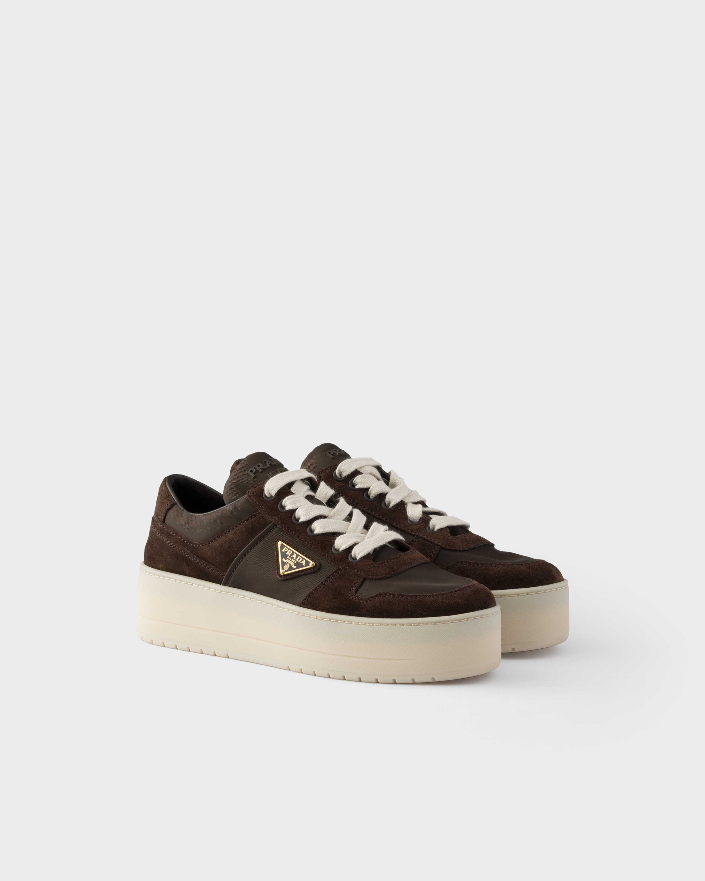 Baskets downtown bold en re-nylon et en daim PRADA Marron