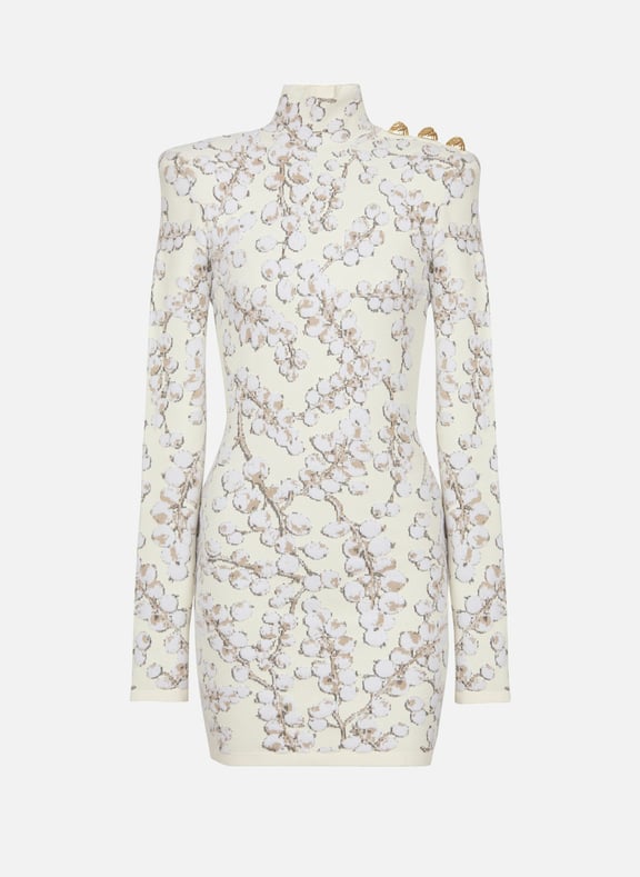 Robe courte en maille jacquard groseille Blanc by BALMAIN BALMAIN Robe courte en maille jacquard groseille Blanc